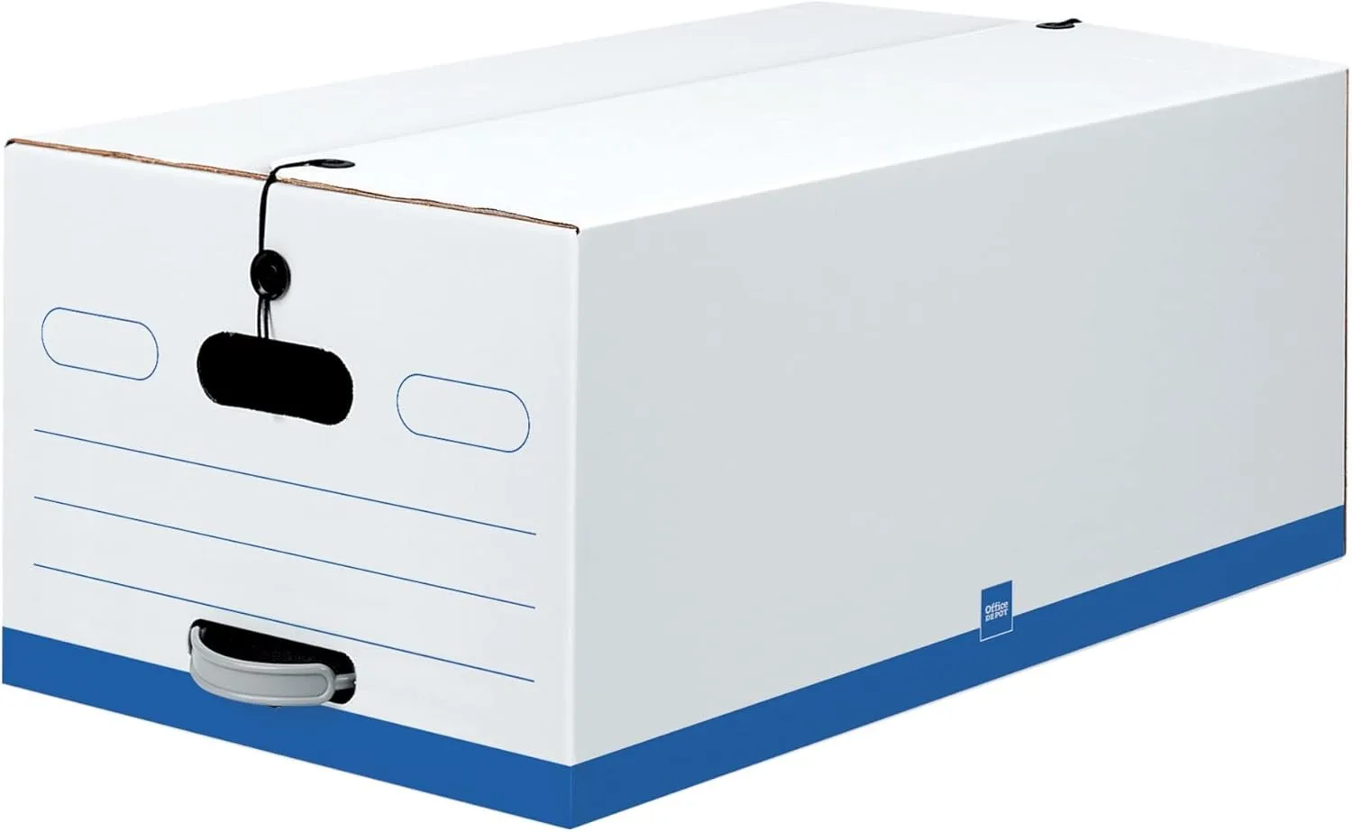 Office Depot® Brand Quick Set-Up Storage Boxes With String & Button Closure, Legal, 24" x 15" x 10", 60% Recycled, White/Blue, Pack Of 12