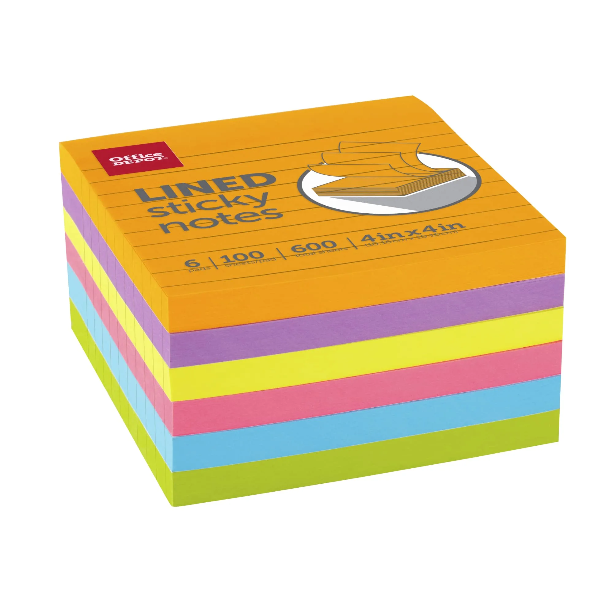 Office Depot® Brand Lined Sticky Notes, 4" x 4", Assorted Vivid Colors, 100 Sheets Per Pad, Pack Of 6 Pads