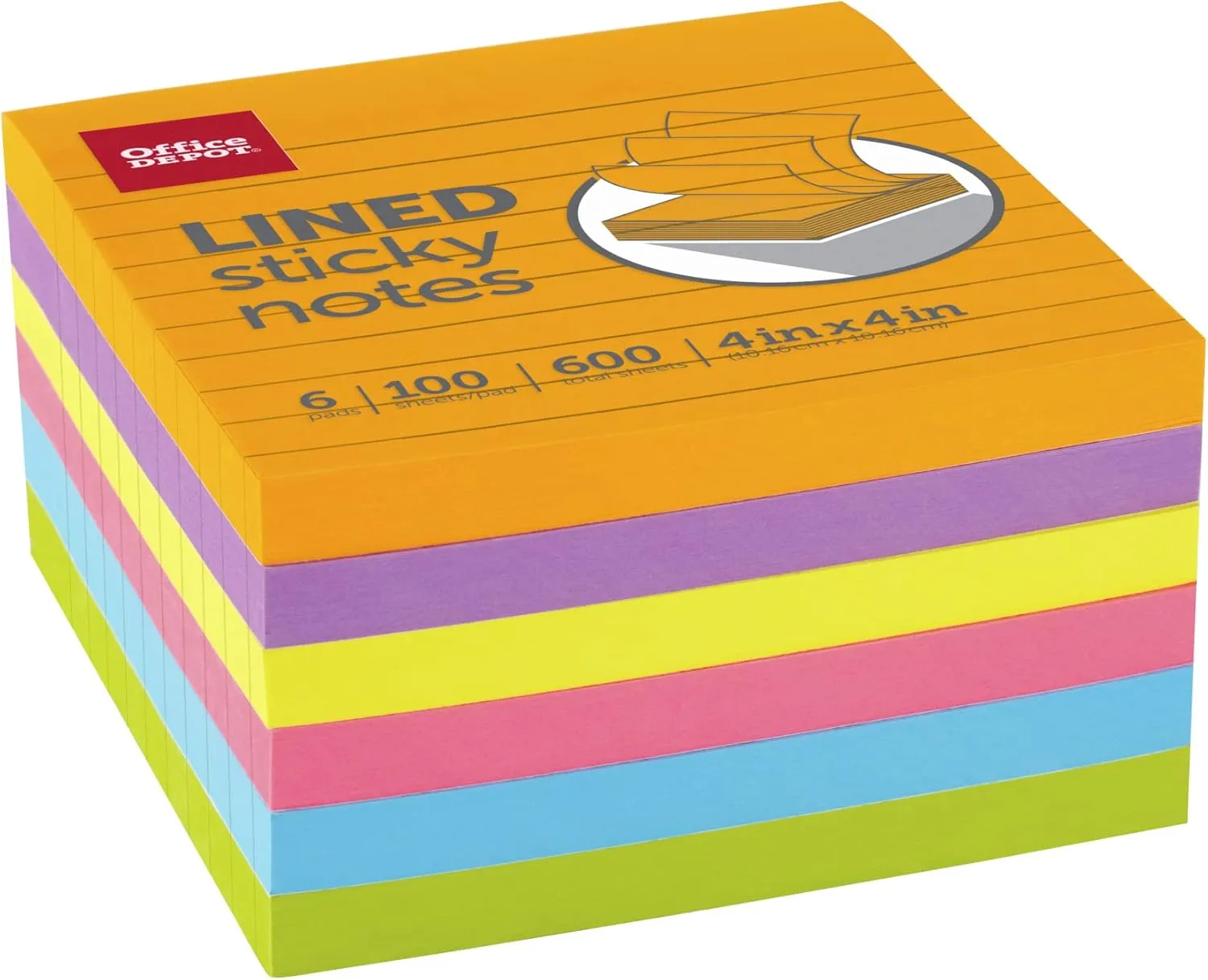 Office Depot® Brand Lined Sticky Notes, 4" x 4", Assorted Vivid Colors, 100 Sheets Per Pad, Pack Of 6 Pads