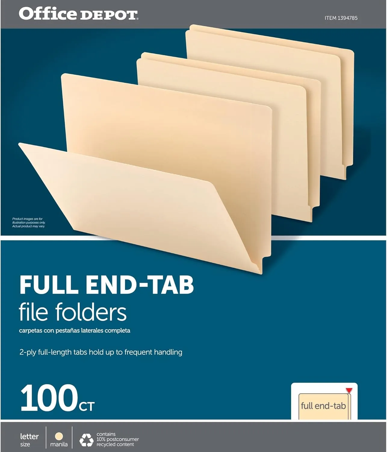 Office Depot® Brand 2-Ply End-Tab Folders, Letter Size, Straight-Cut Tabs, Manila, Box of 100