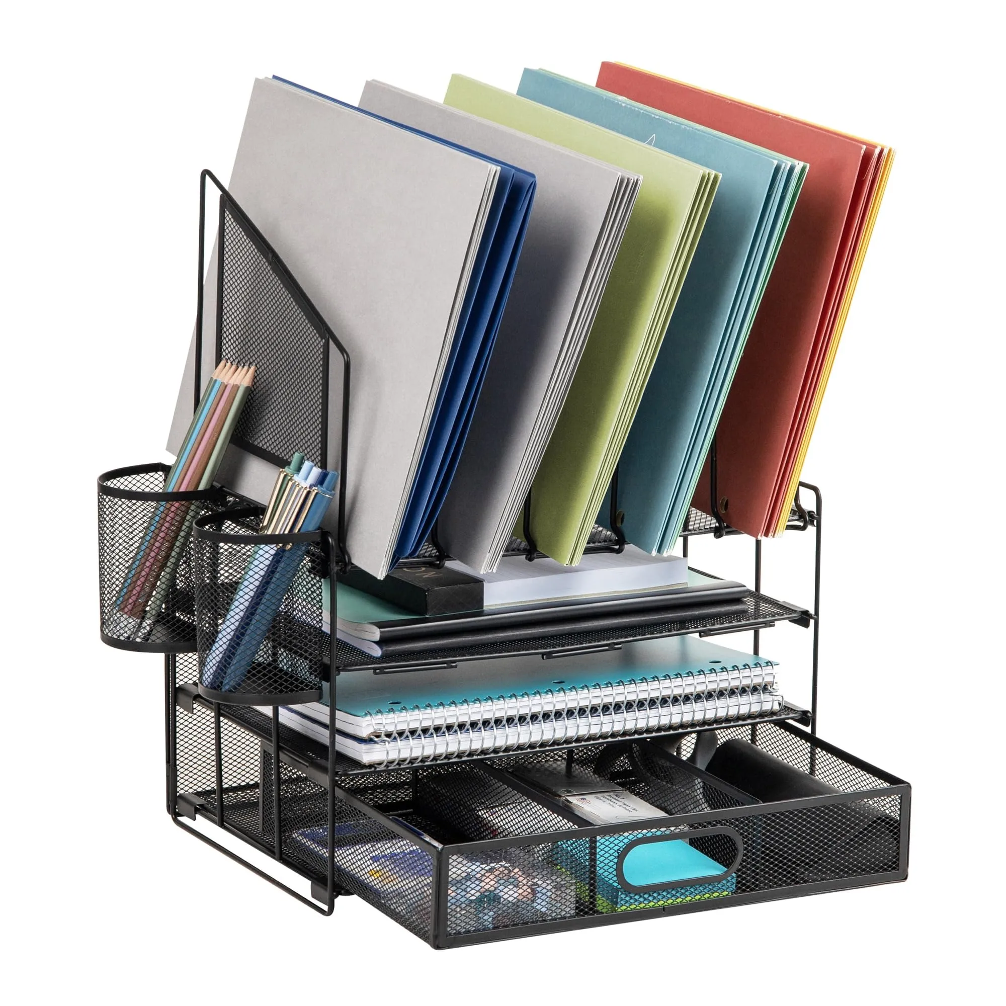 Office Depot® Brand Mesh Desk Organizer With Vertical Storage And Pen Holders, 16" H x 12-3/4"W x 9-1/2"D, Black