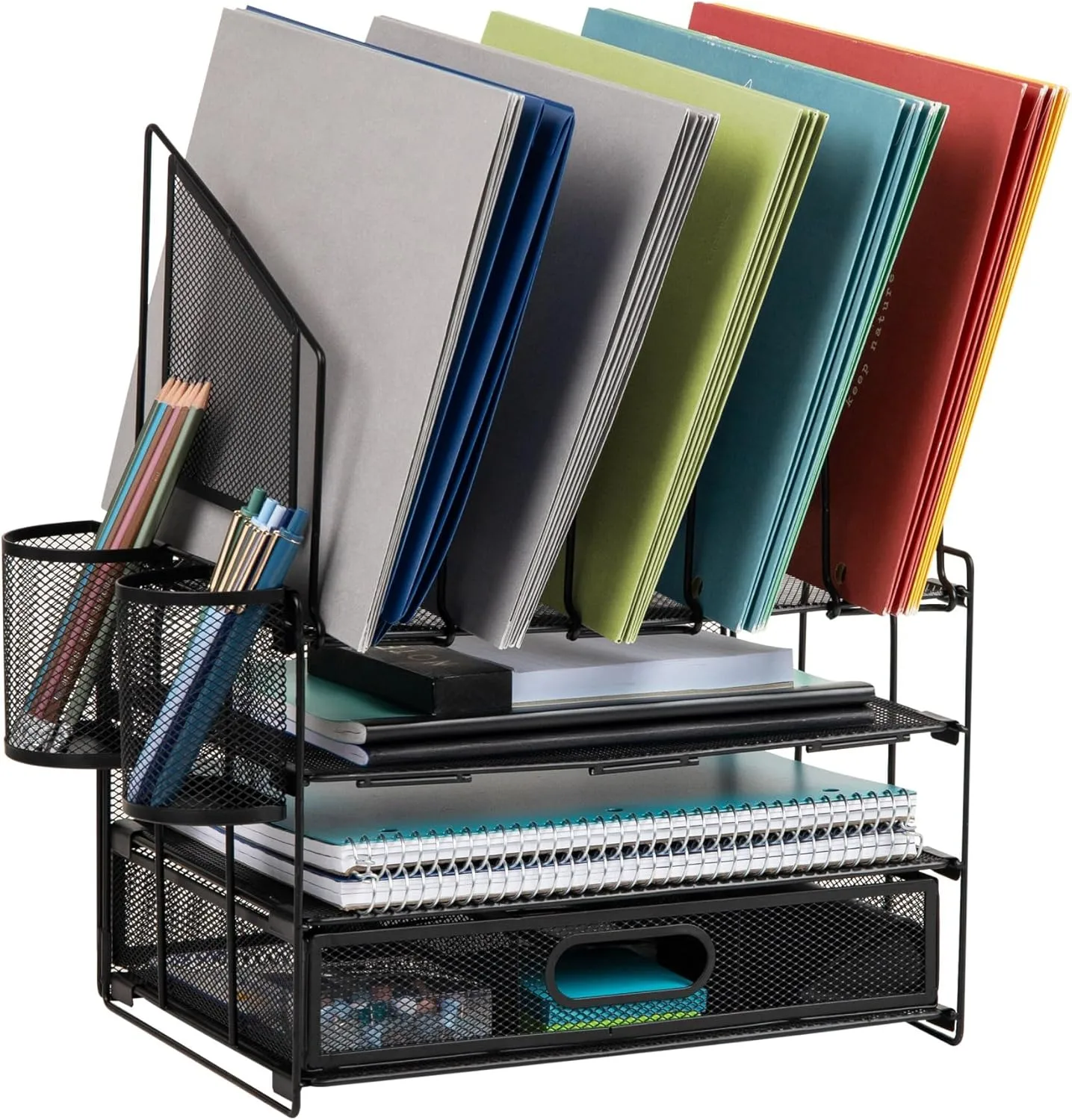 Office Depot® Brand Mesh Desk Organizer With Vertical Storage And Pen Holders, 16" H x 12-3/4"W x 9-1/2"D, Black