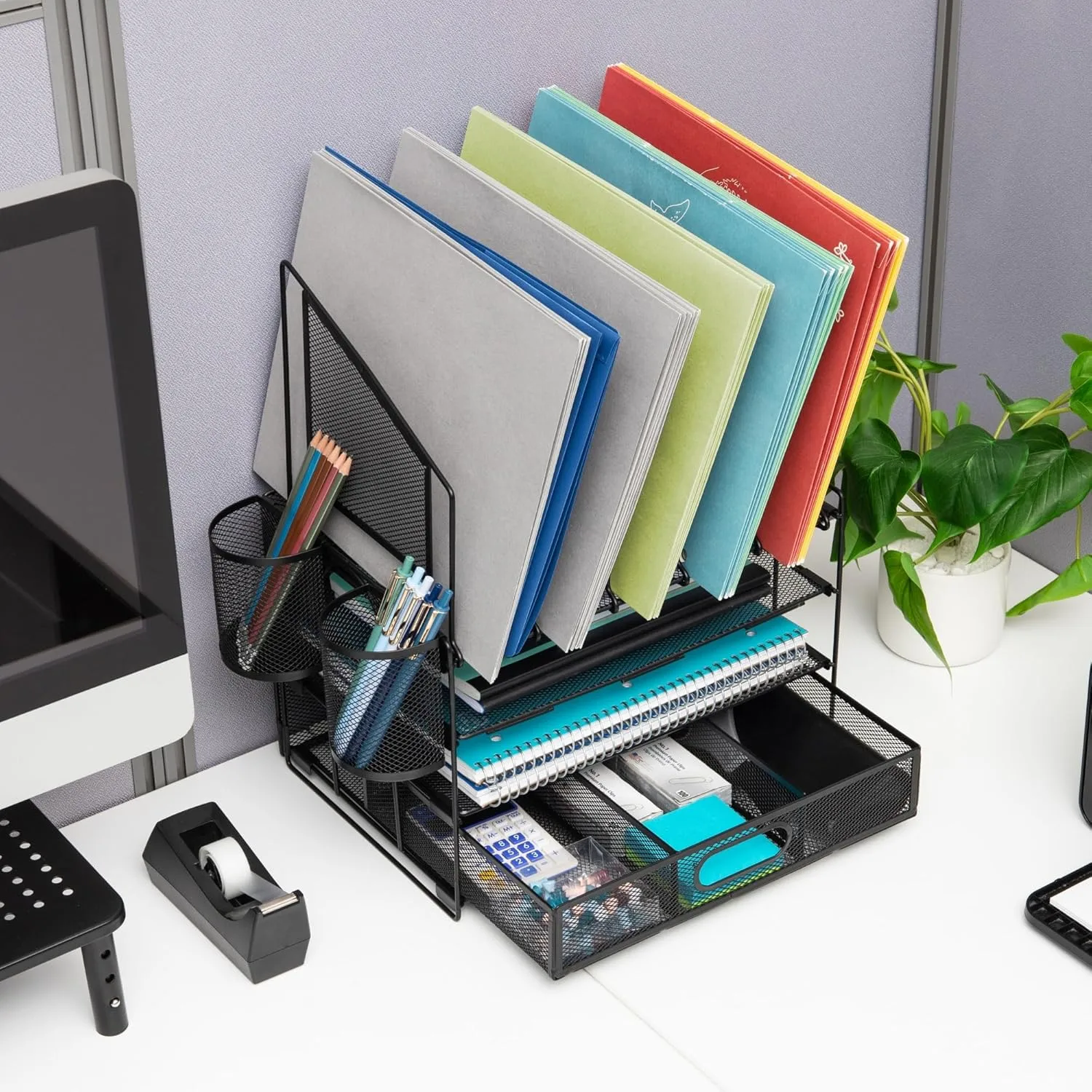 Office Depot® Brand Mesh Desk Organizer With Vertical Storage And Pen Holders, 16" H x 12-3/4"W x 9-1/2"D, Black
