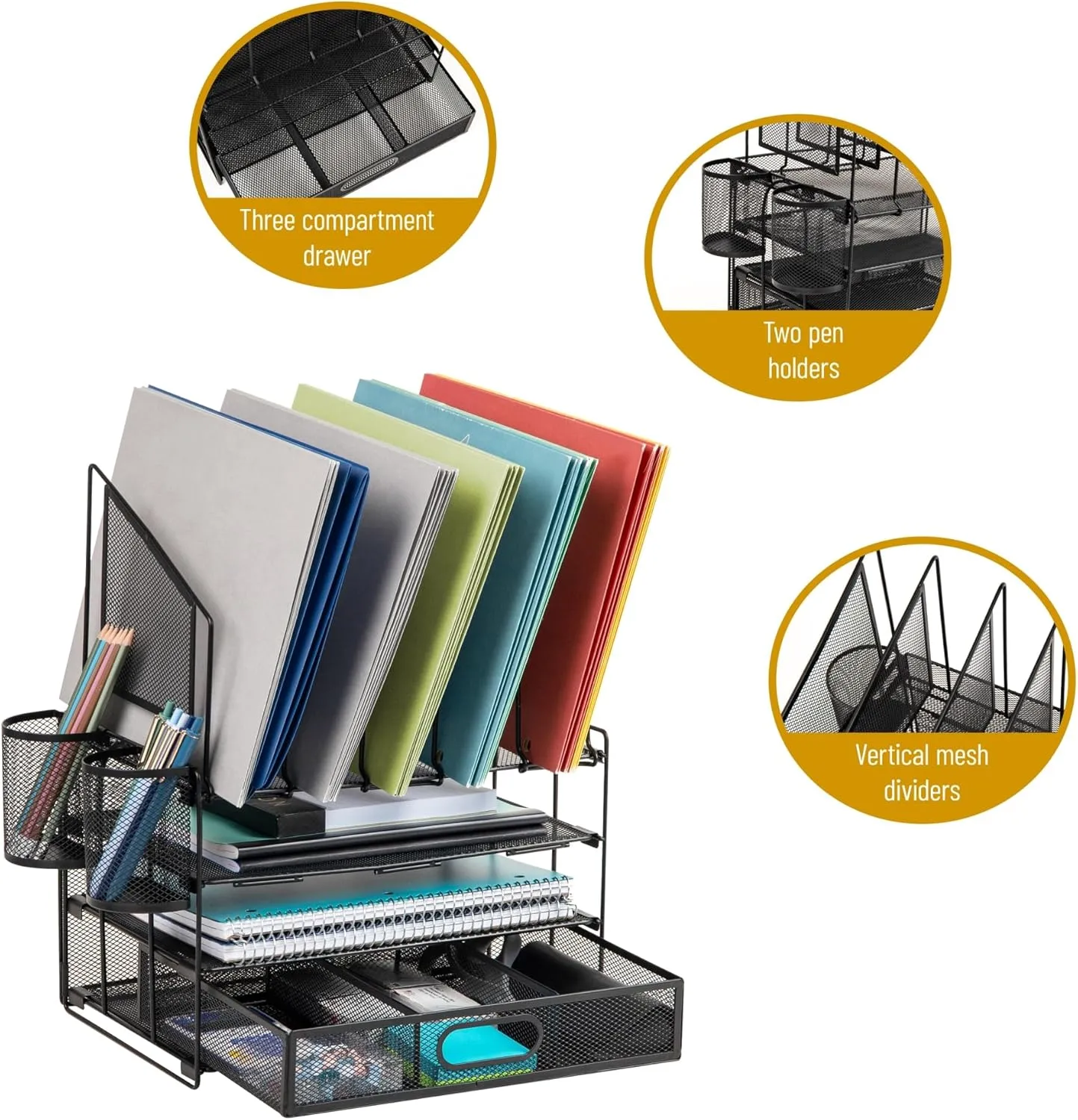 Office Depot® Brand Mesh Desk Organizer With Vertical Storage And Pen Holders, 16" H x 12-3/4"W x 9-1/2"D, Black