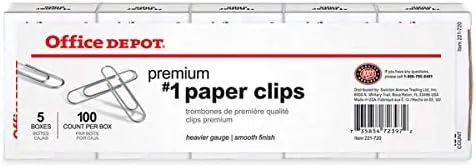 Office Depot Brand Heavy Gauge Paper Clips, No. 1, Small, Silver, Pack Of 5 Boxes, 100 Clips Per Box, 500 Total