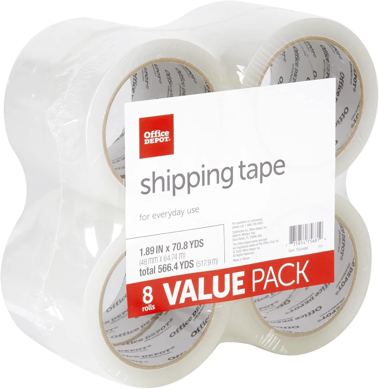Office Depot Brand Shipping Packing Tape, 1.89 in x 70.8 yd, Clear, Pack of 8