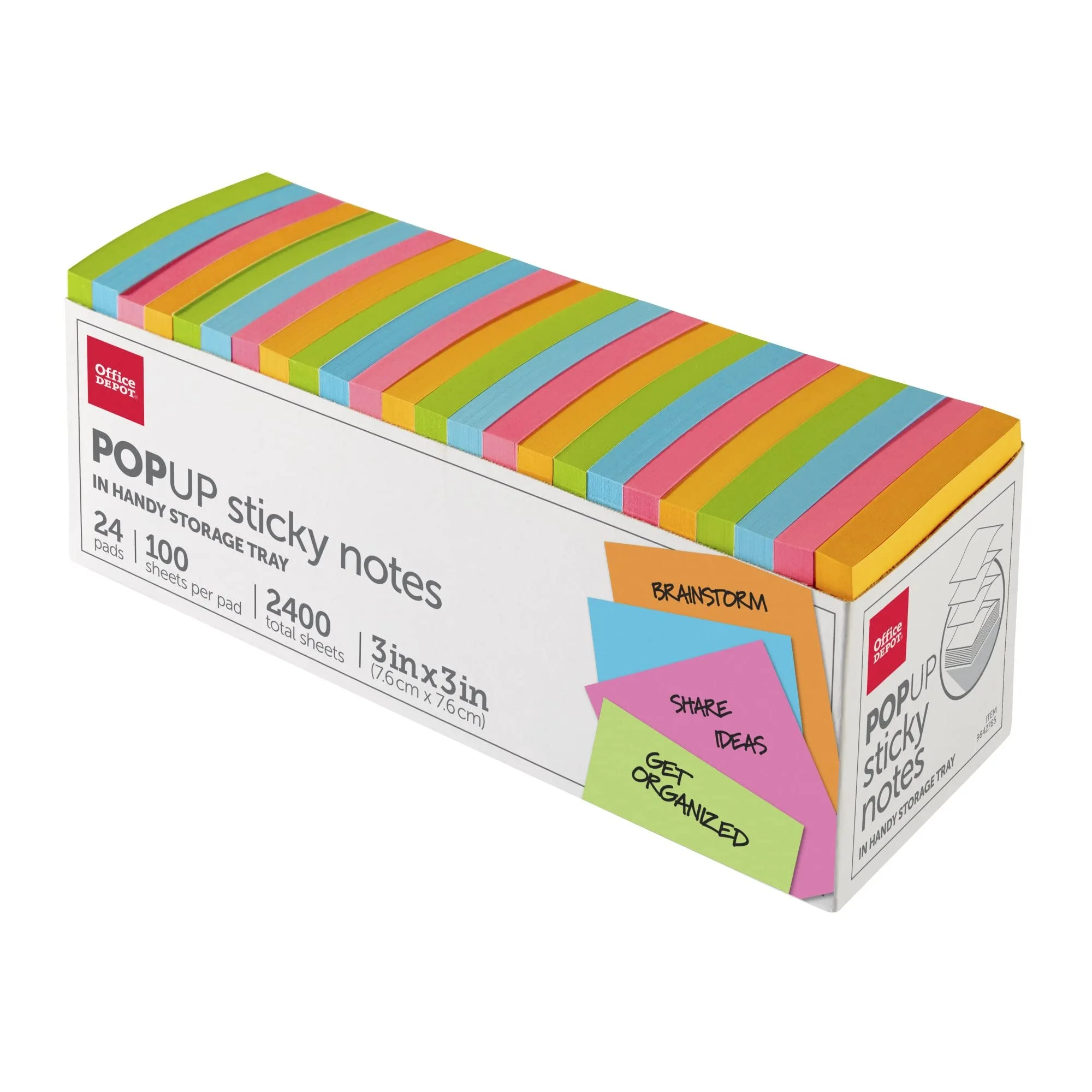Office Depot Brand Pop Up Sticky Notes with Storage Tray, 3 x 3 in, Assorted Vivid Colors, 100 Sheets Per Pad, Pack of 24