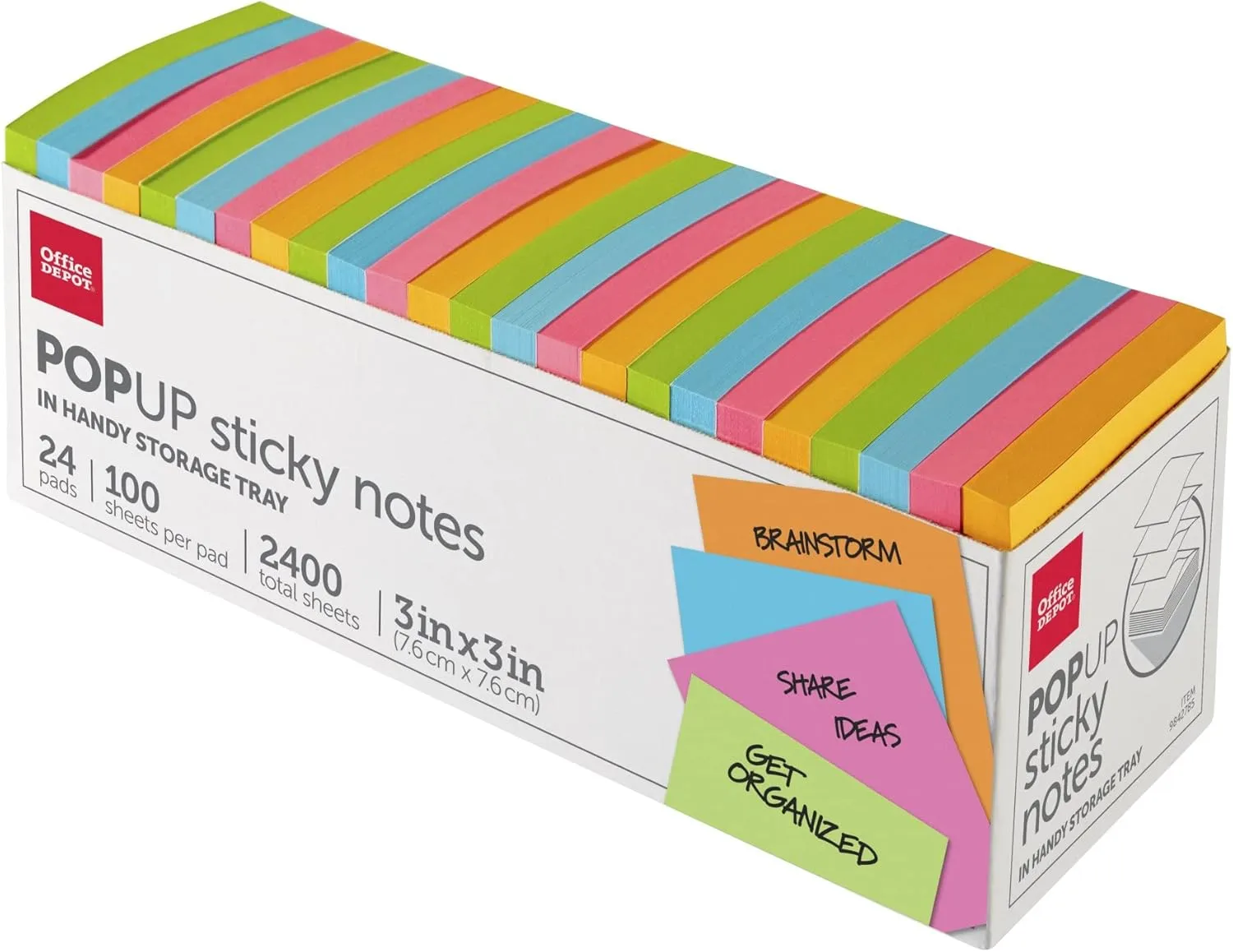 Office Depot Brand Pop Up Sticky Notes with Storage Tray, 3 x 3 in, Assorted Vivid Colors, 100 Sheets Per Pad, Pack of 24