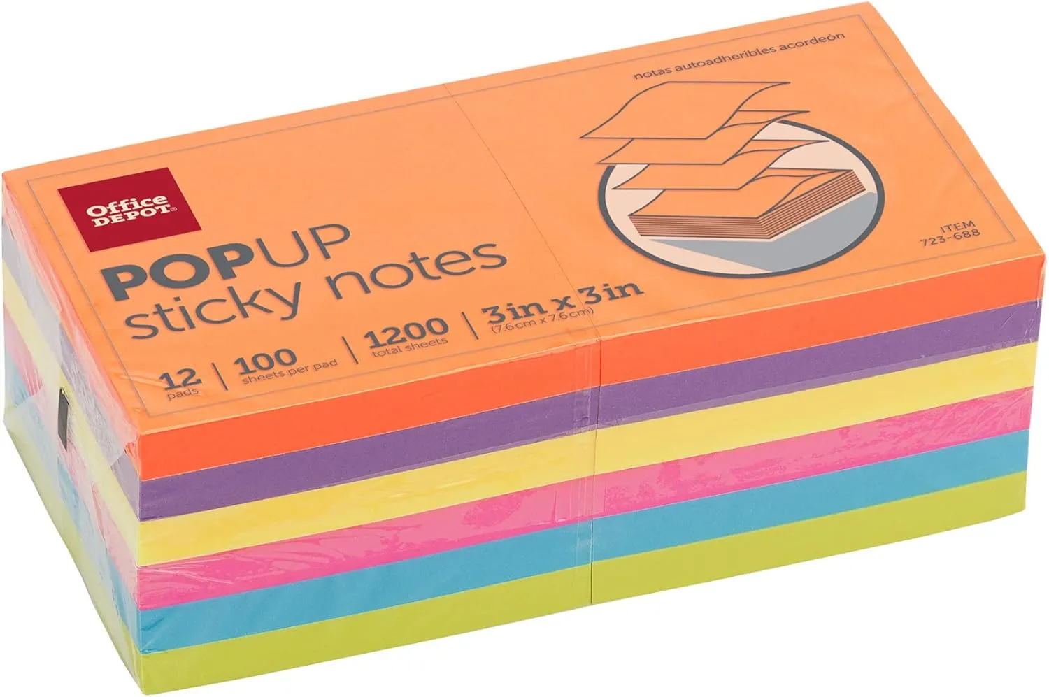 Office Depot® Brand Pop-Up Notes, 3" x 3", Assorted Deep Colors, 100 Sheets Per Pad, Pack of 12
