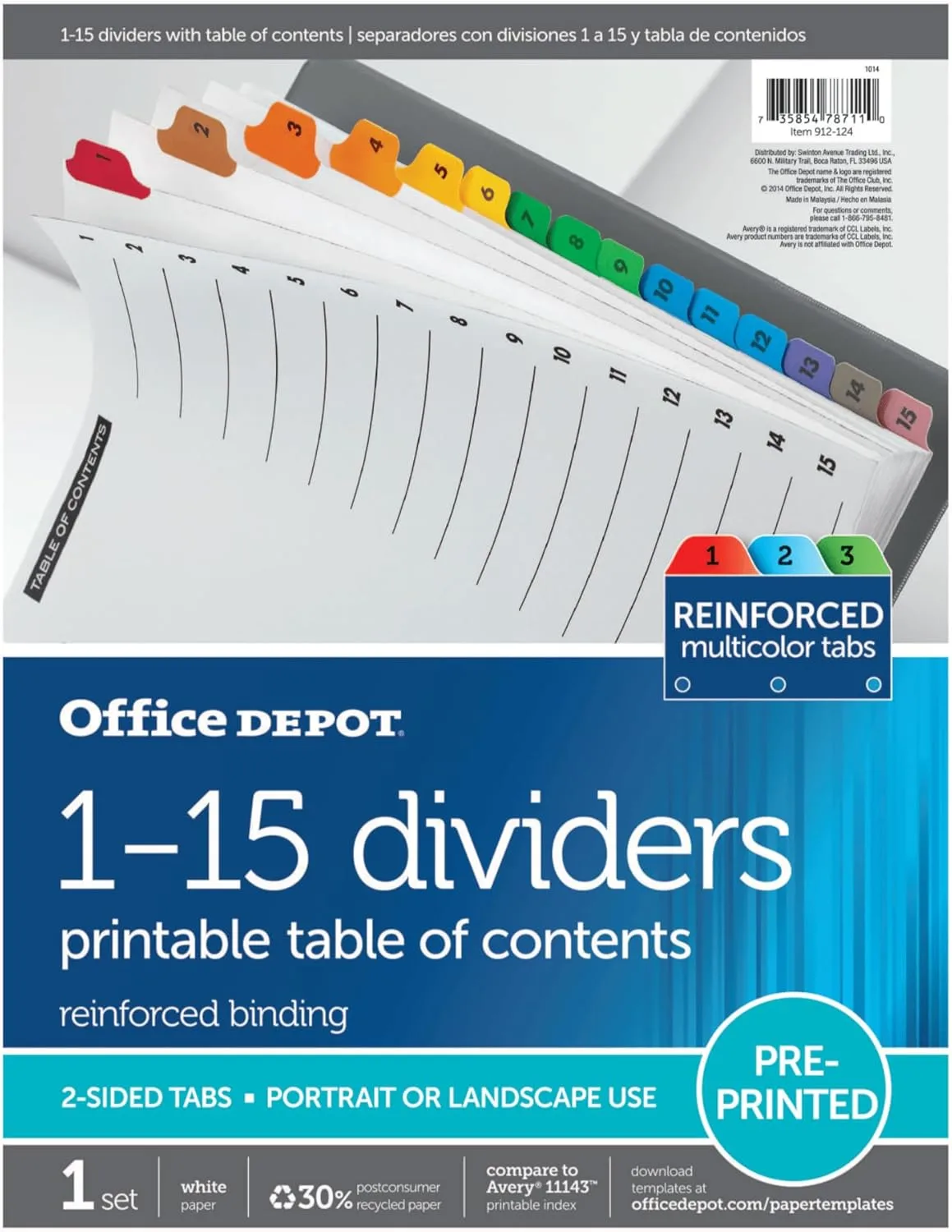 Office Depot Brand Table Of Contents Customizable Index With Preprinted Tabs, Assorted Colors, Numbered 1-15