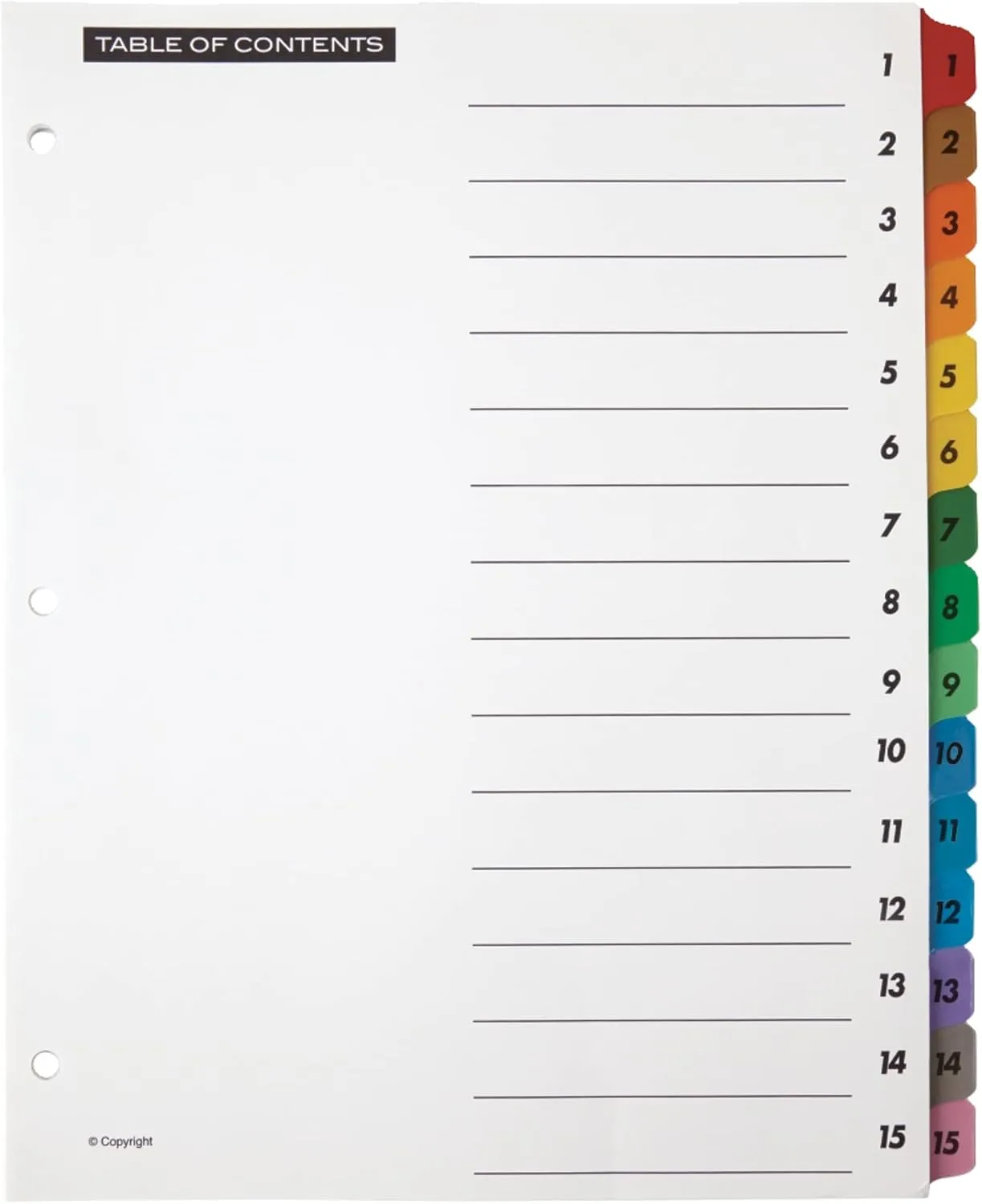 Office Depot Brand Table Of Contents Customizable Index With Preprinted Tabs, Assorted Colors, Numbered 1-15