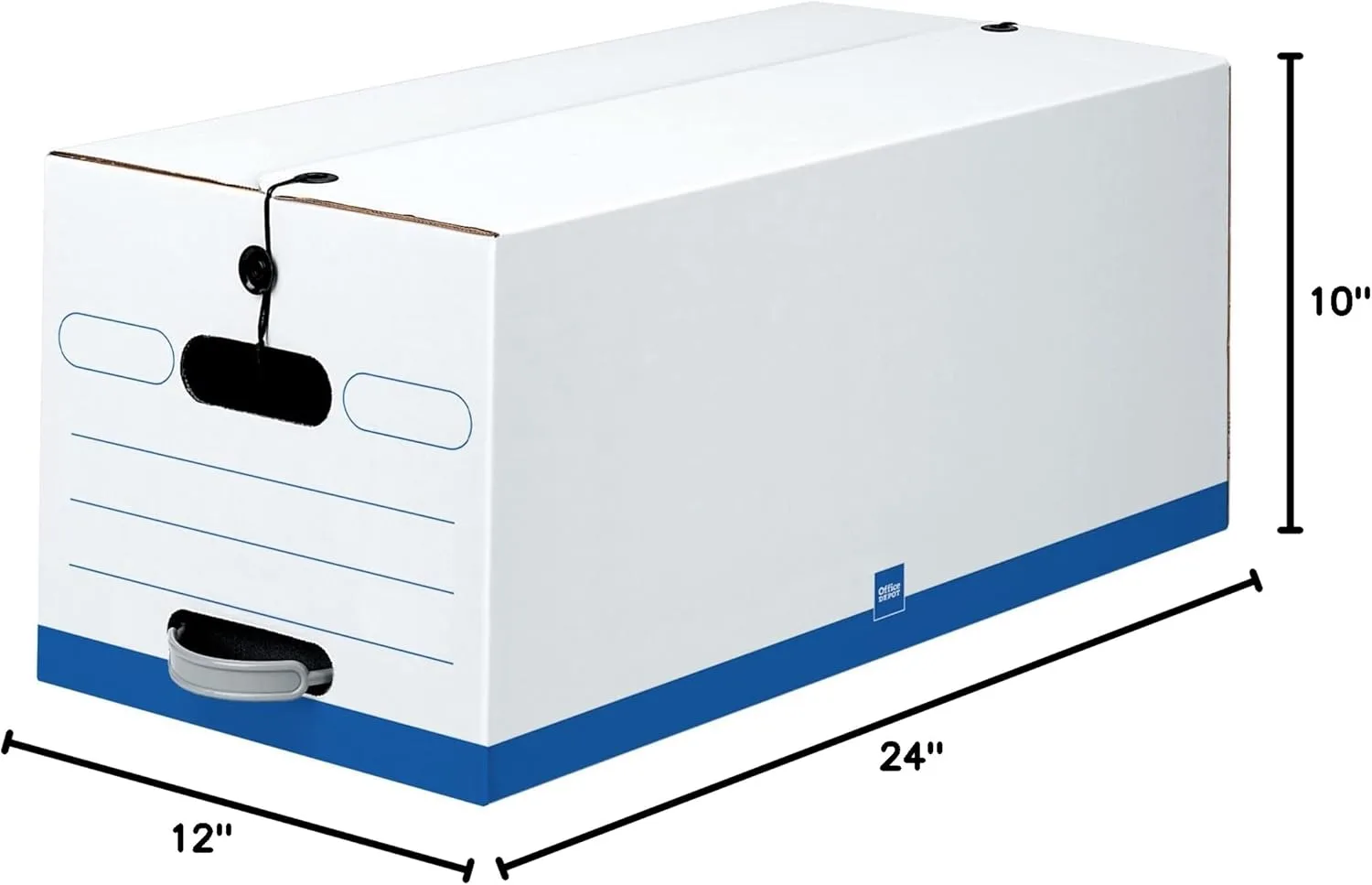 Office Depot® Brand Quick Set-Up Storage Boxes With String & Button Closure, Letter, 24" x 12" x 10", 60% Recycled, White/Blue, Pack Of 12