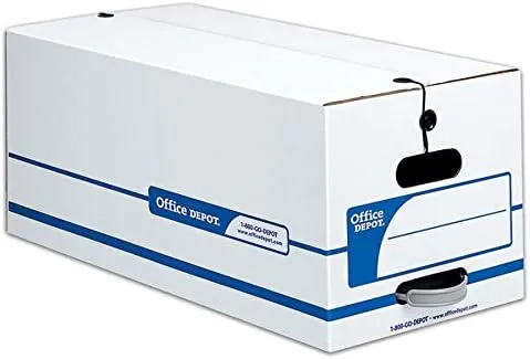 Office Depot® Brand Quick Set-Up Storage Boxes With String & Button Closure, Letter, 24" x 12" x 10", 60% Recycled, White/Blue, Pack Of 12