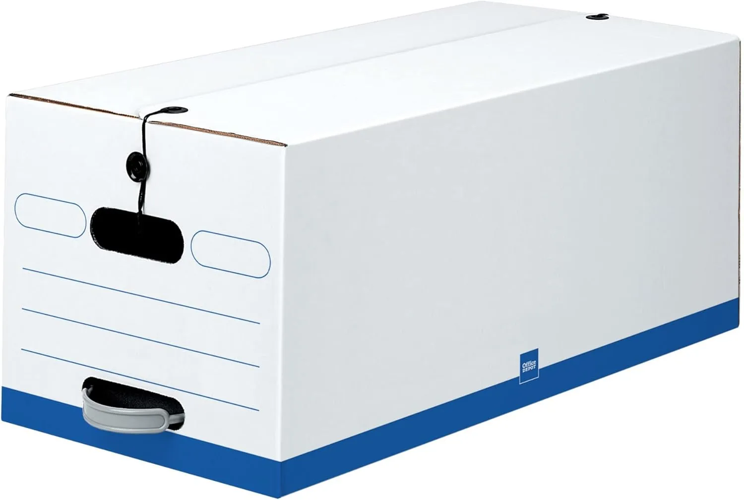 Office Depot® Brand Quick Set-Up Storage Boxes With String & Button Closure, Letter, 24" x 12" x 10", 60% Recycled, White/Blue, Pack Of 12