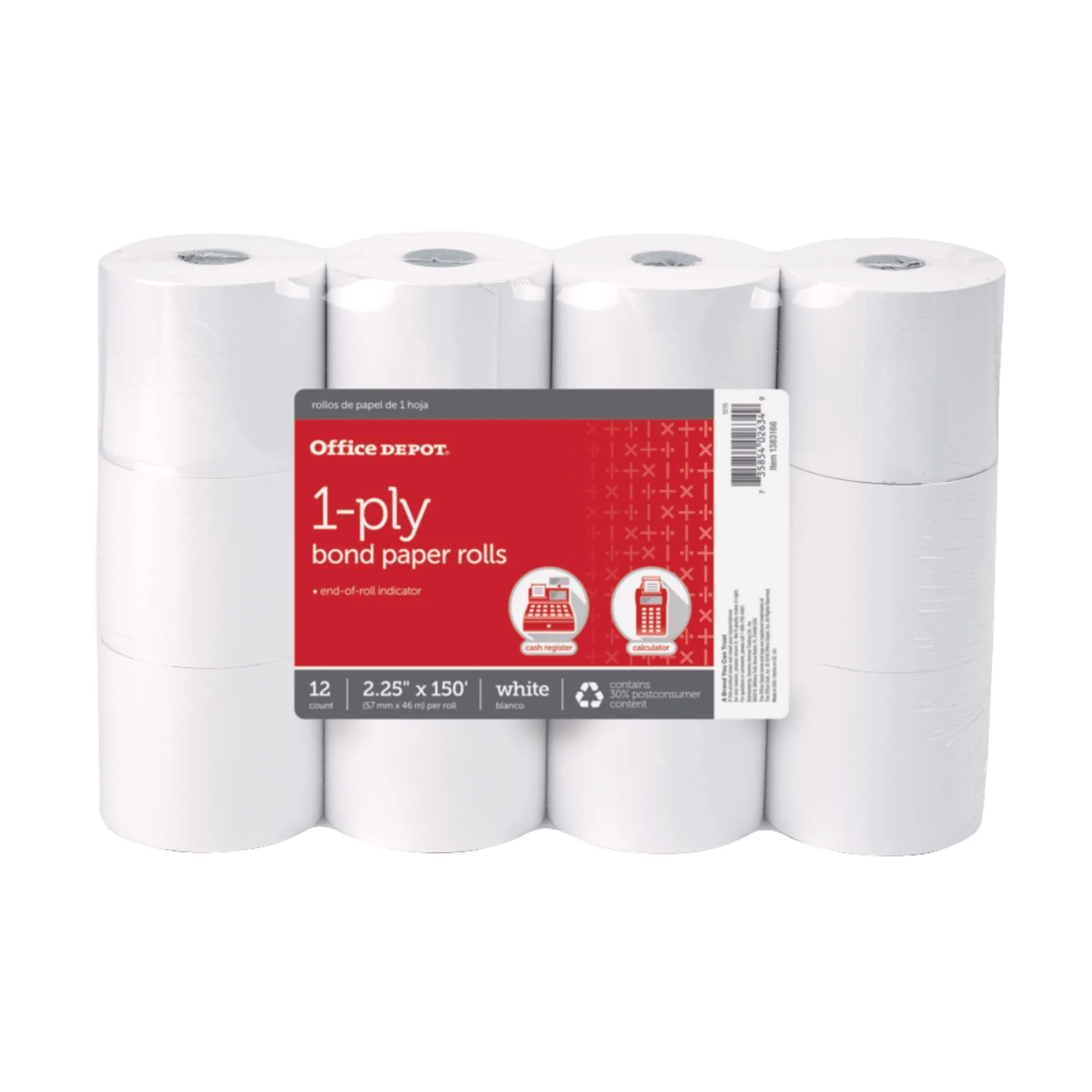 Office Depot Brand 1-Ply Bond Paper Roll, 2-1/4in x 150', White, Pack of 12