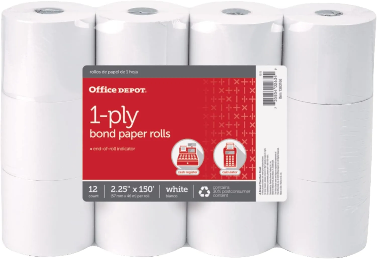 Office Depot Brand 1-Ply Bond Paper Roll, 2-1/4in x 150', White, Pack of 12
