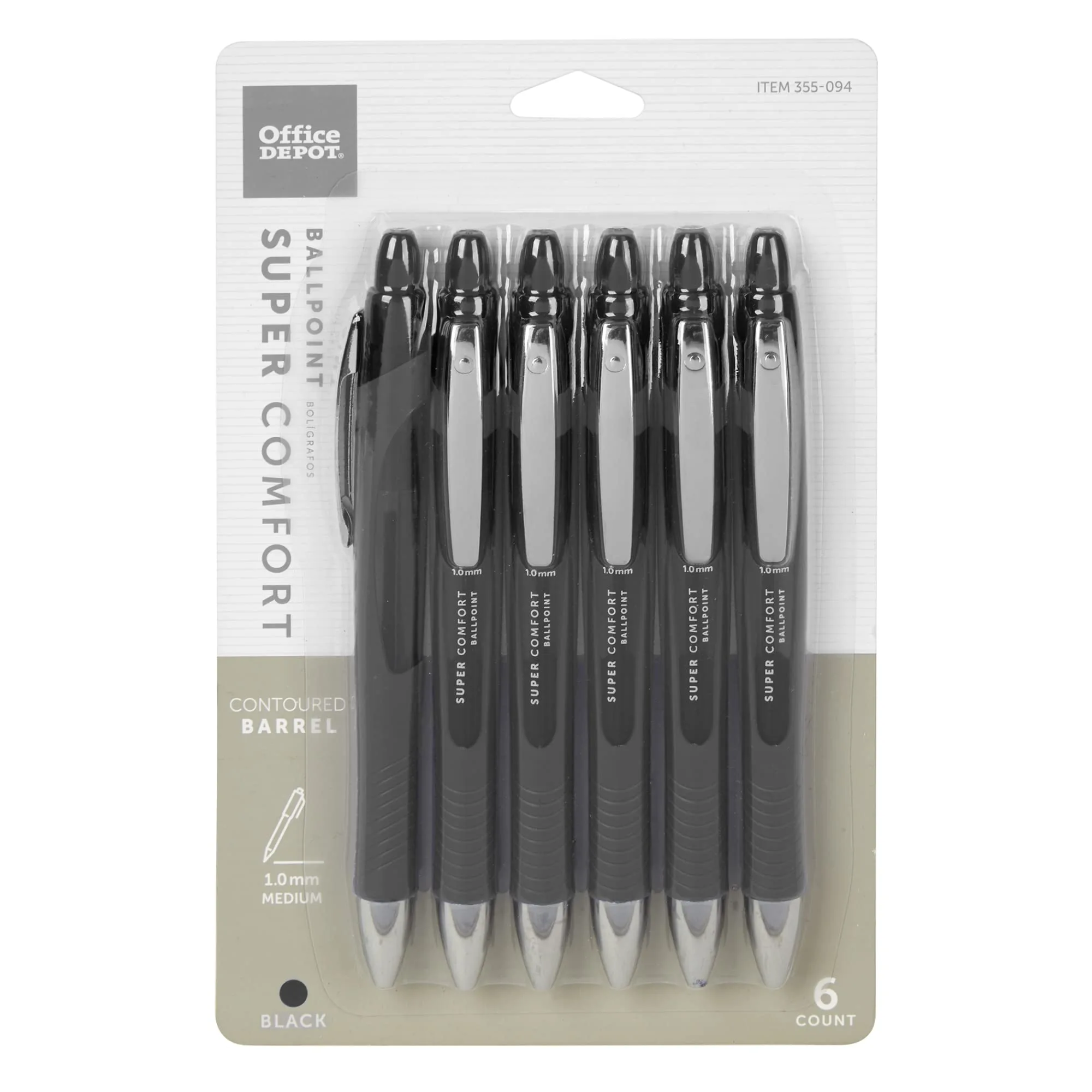 Office Depot Retractable Ballpoint Pens with Grip, 1.0 mm, Black Ink, 6-Pack
