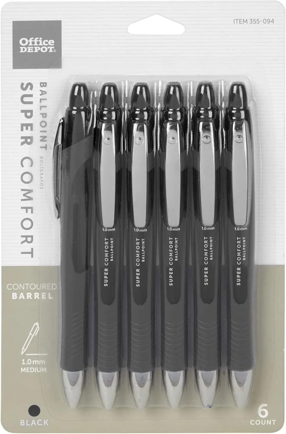 Office Depot Retractable Ballpoint Pens with Grip, 1.0 mm, Black Ink, 6-Pack