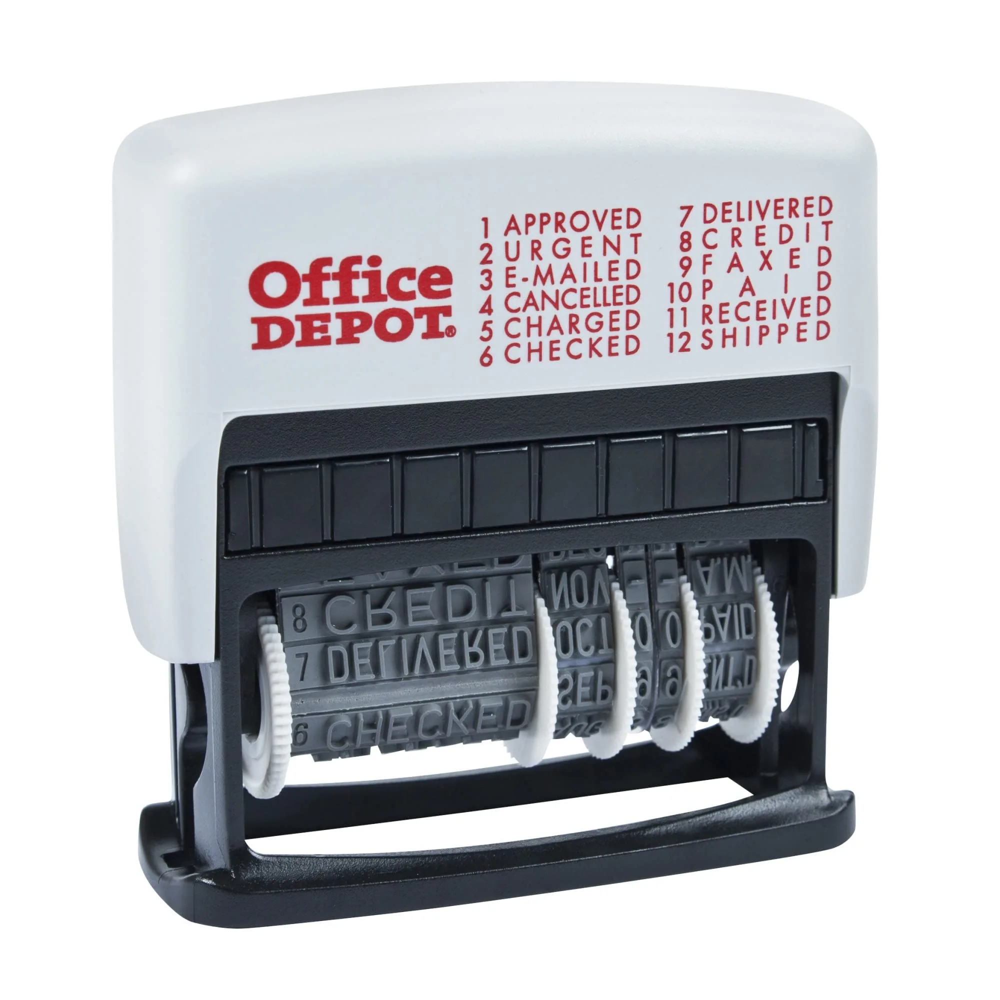 Office Depot Brand Self-Inking 12-in-1 Micro Message Stamp Dater, 1-1/16in x 5/32 Impression, Black Ink