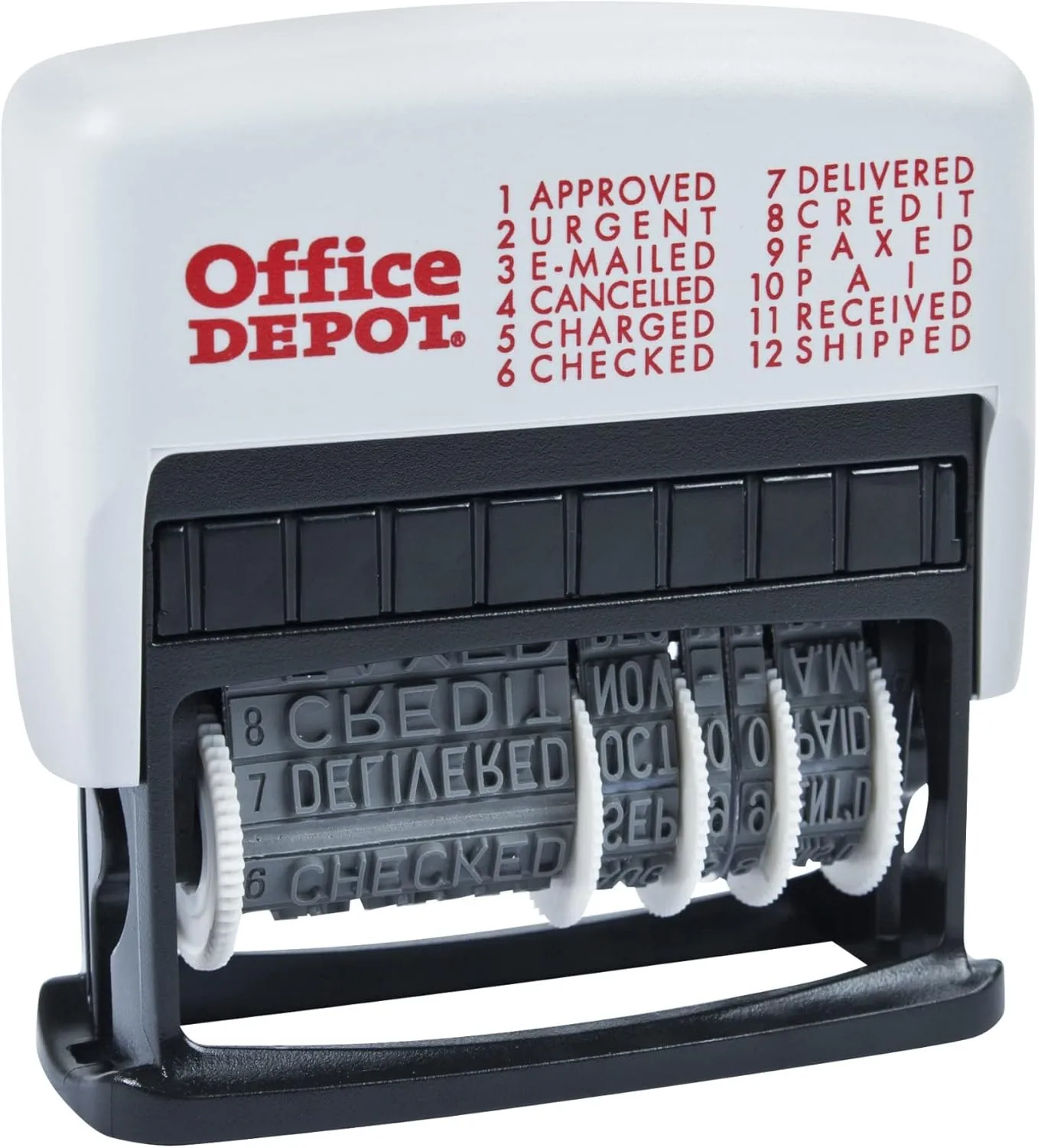 Office Depot Brand Self-Inking 12-in-1 Micro Message Stamp Dater, 1-1/16in x 5/32 Impression, Black Ink