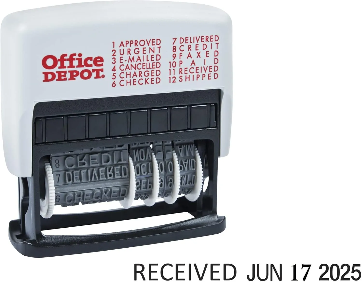 Office Depot Brand Self-Inking 12-in-1 Micro Message Stamp Dater, 1-1/16in x 5/32 Impression, Black Ink