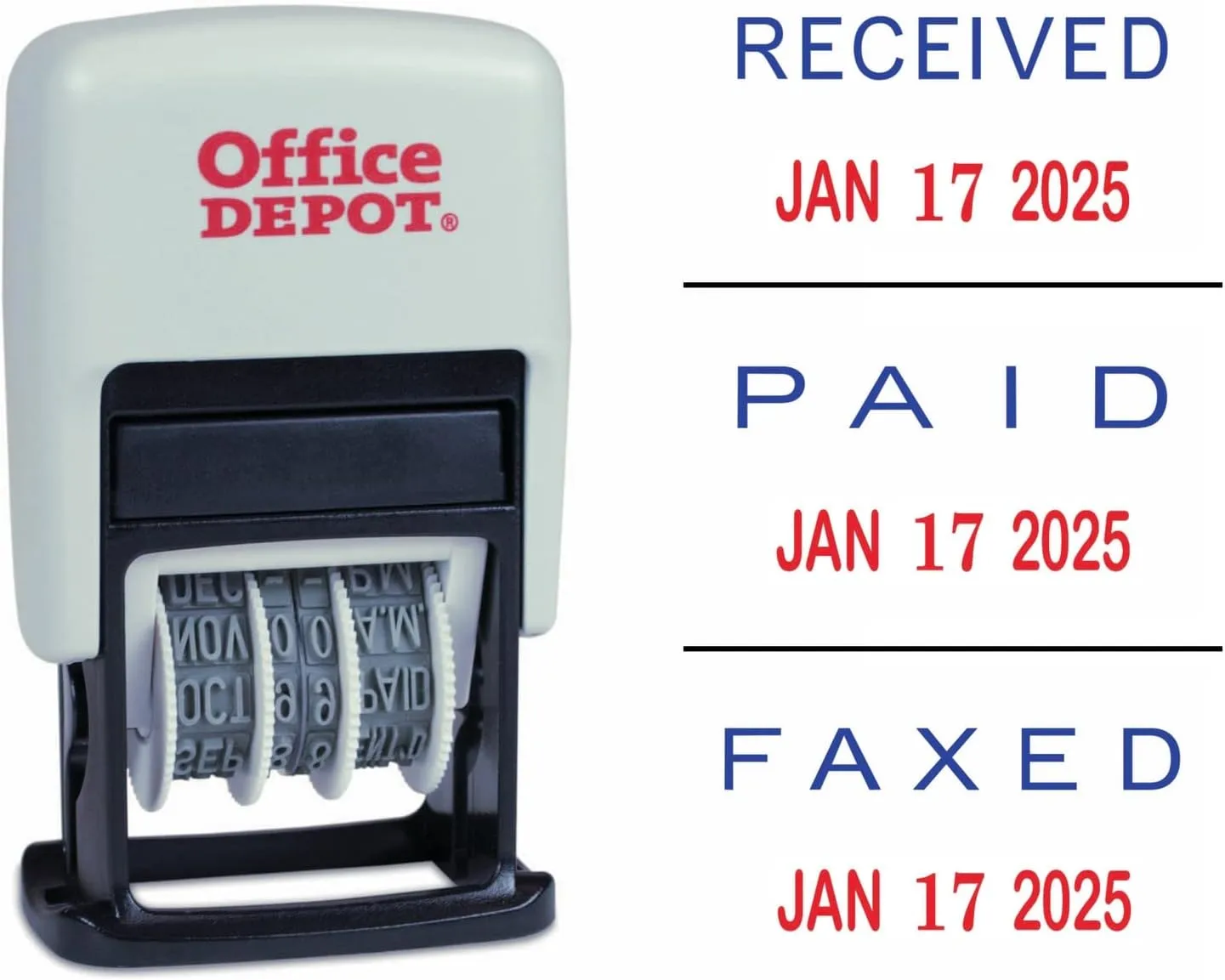 Office Depot Brand Date Message Stamp Dater - PAID/RECEIVED/FAXED, 1-1/16" x 5/8" Impression, Red/Blue Ink (098331)