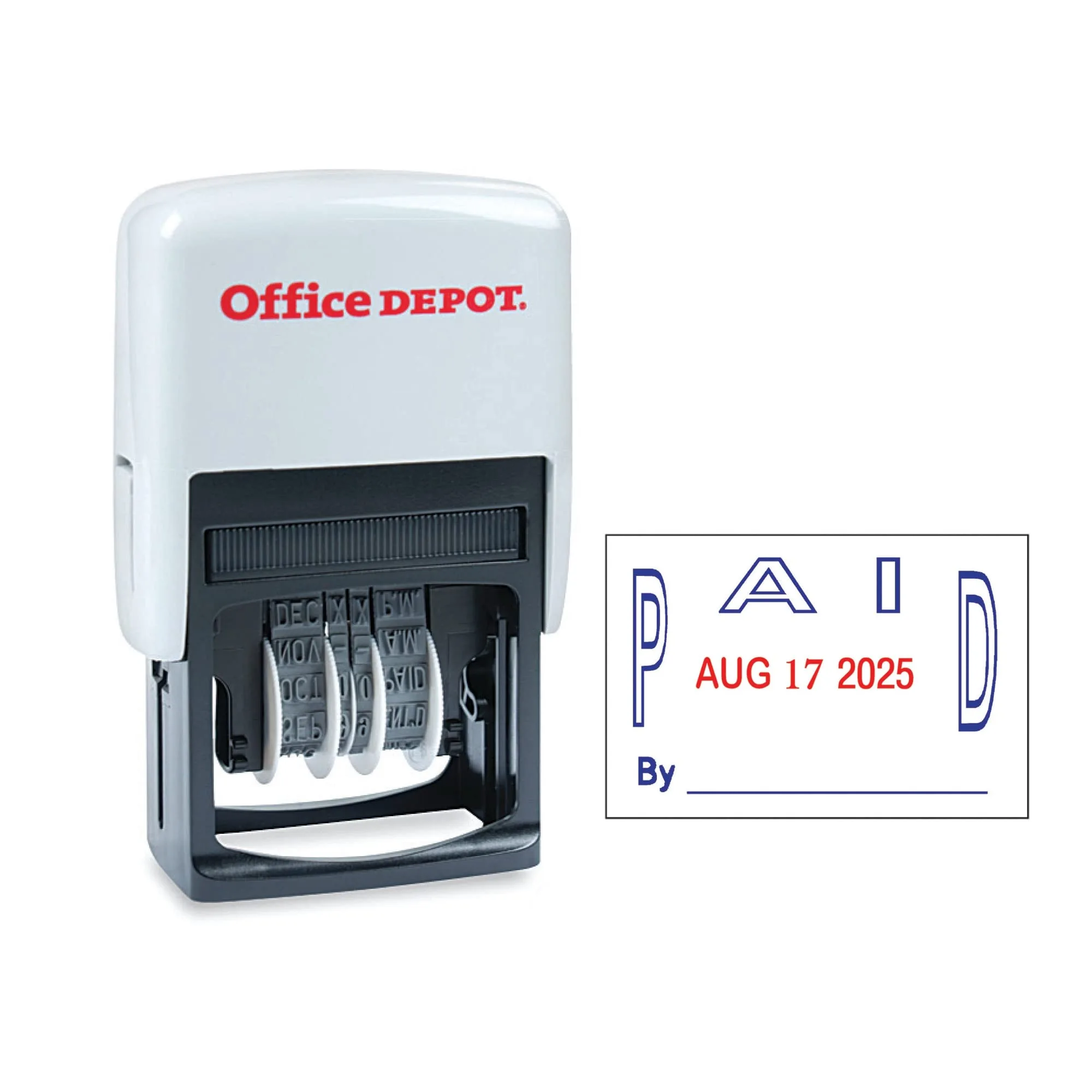 Office Depot Self-Inking Dater with Extra Pad, Paid, Red/Blue Ink, 032536