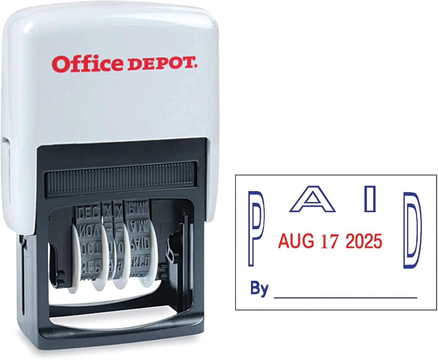 Office Depot Self-Inking Dater with Extra Pad, Paid, Red/Blue Ink, 032536