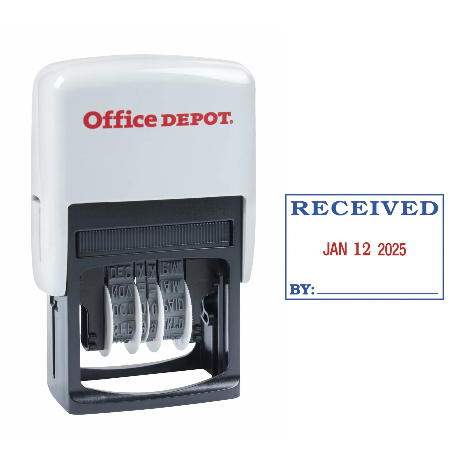 Office Depot Self-Inking Received Date Stamp with Extra Pad, 1 x 1-3/4 in, Red & Black Ink