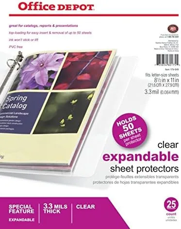 Office Depot Expandable Sheet Protectors, 50-Sheet Capacity, 8.5 x 11, Clear, Pack of 25
