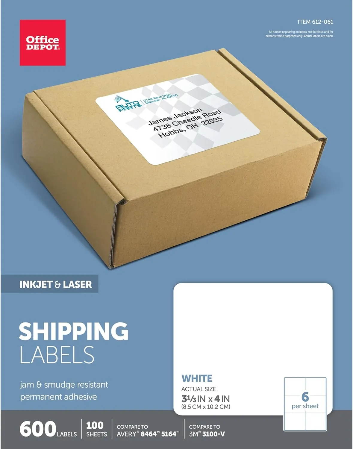 Office Depot White Inkjet/Laser Shipping Labels, 3 1/3in. x 4in., Box of 600, 505-O004-0010