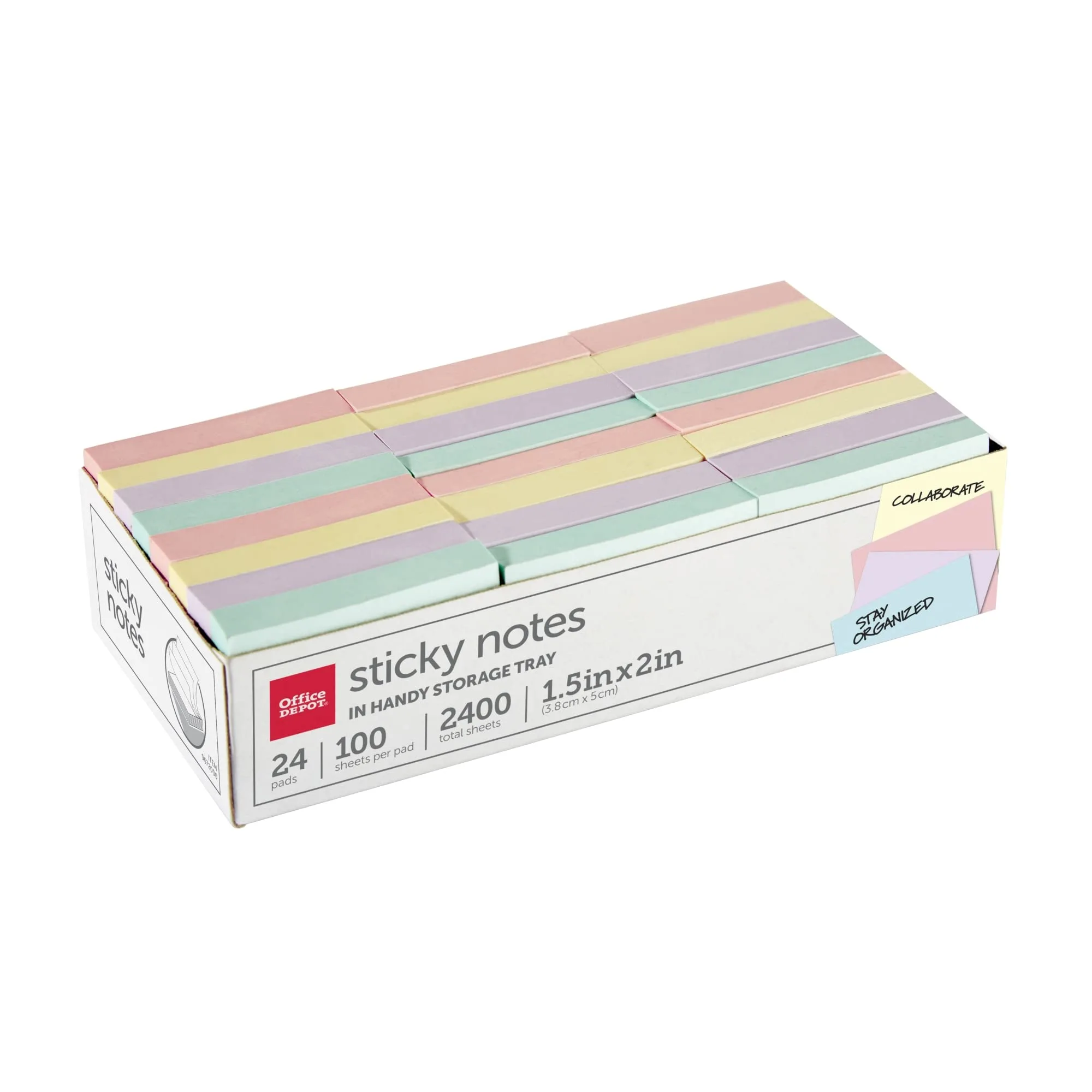 Office Depot Brand Sticky Notes, With Storage Tray, 1-1/2" x 2", Assorted Pastel Colors, 100 Sheets Per Pad, Pack Of 24