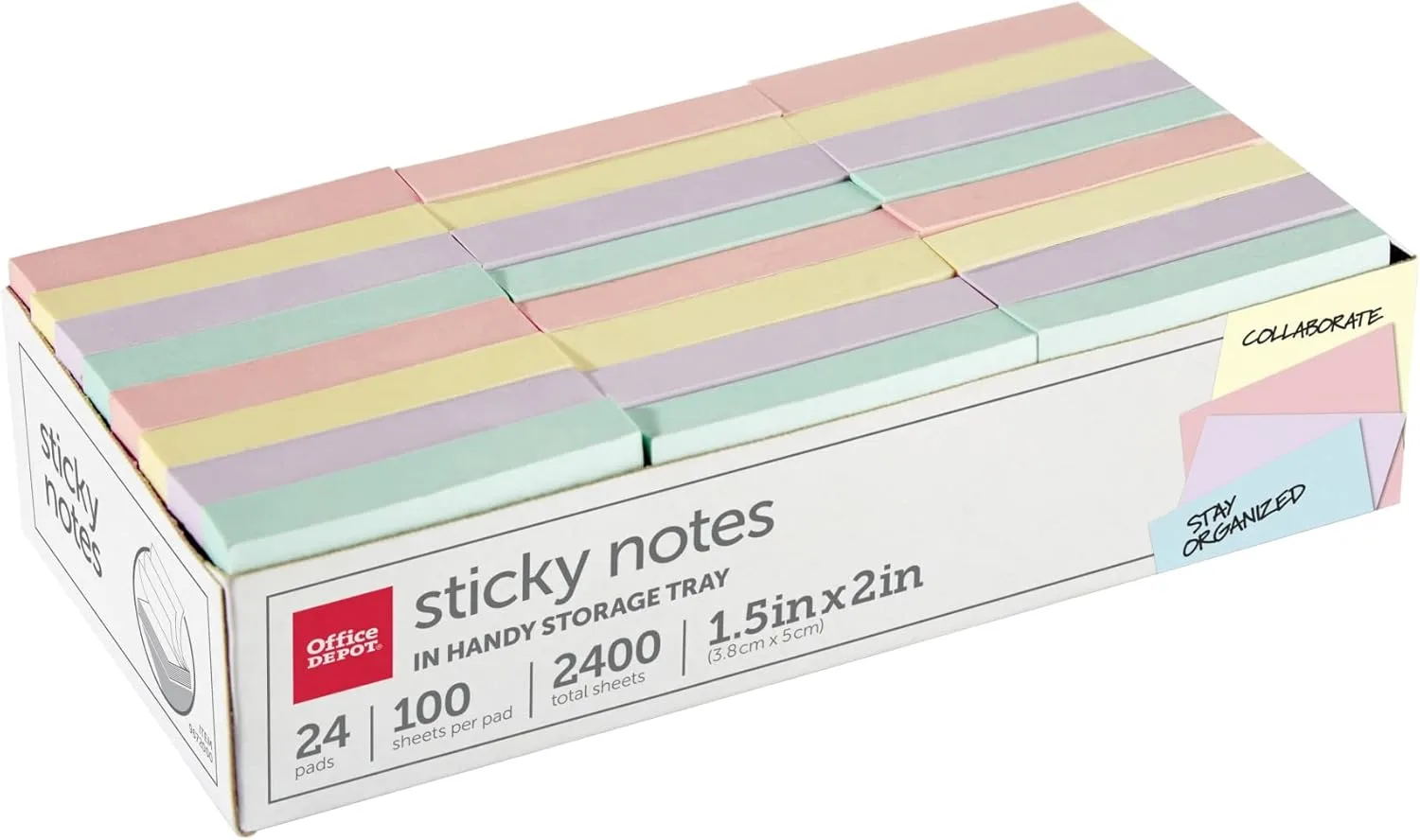 Office Depot Brand Sticky Notes, With Storage Tray, 1-1/2" x 2", Assorted Pastel Colors, 100 Sheets Per Pad, Pack Of 24