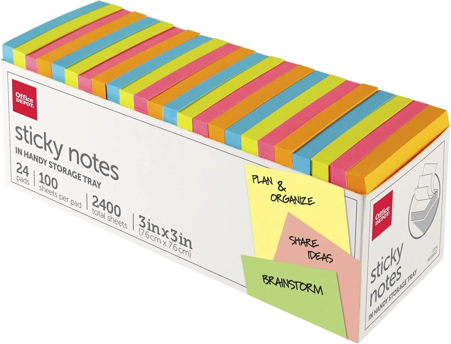 Office Depot® Brand Sticky Notes, With Storage Tray, 3" x 3", Assorted Neon Colors, 100 Sheets Per Pad, Pack Of 24 Pads