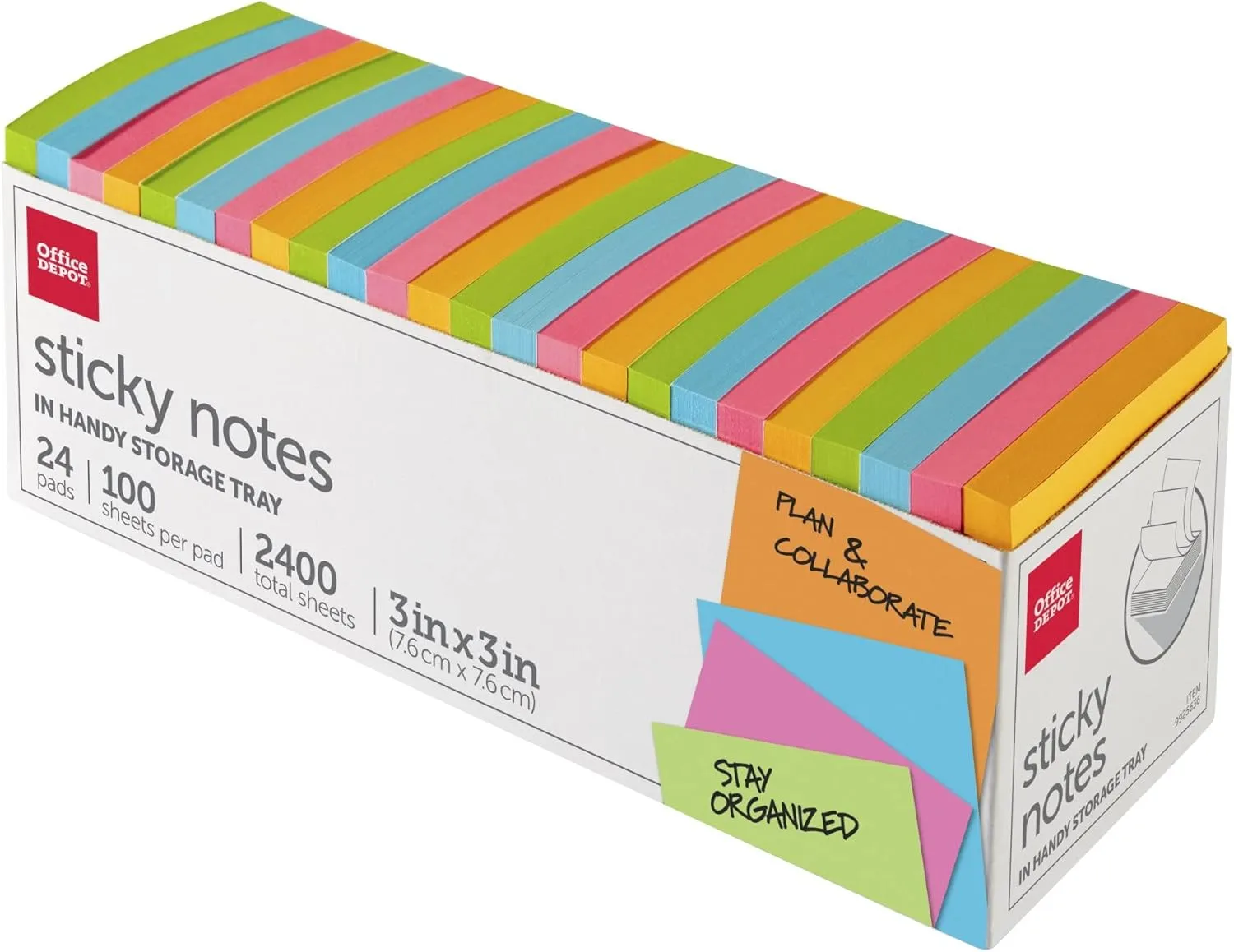 Office Depot® Brand Sticky Notes, With Storage Tray, 3" x 3", Assorted Vivid Colors, 100 Sheets Per Pad, Pack Of 24 Pads