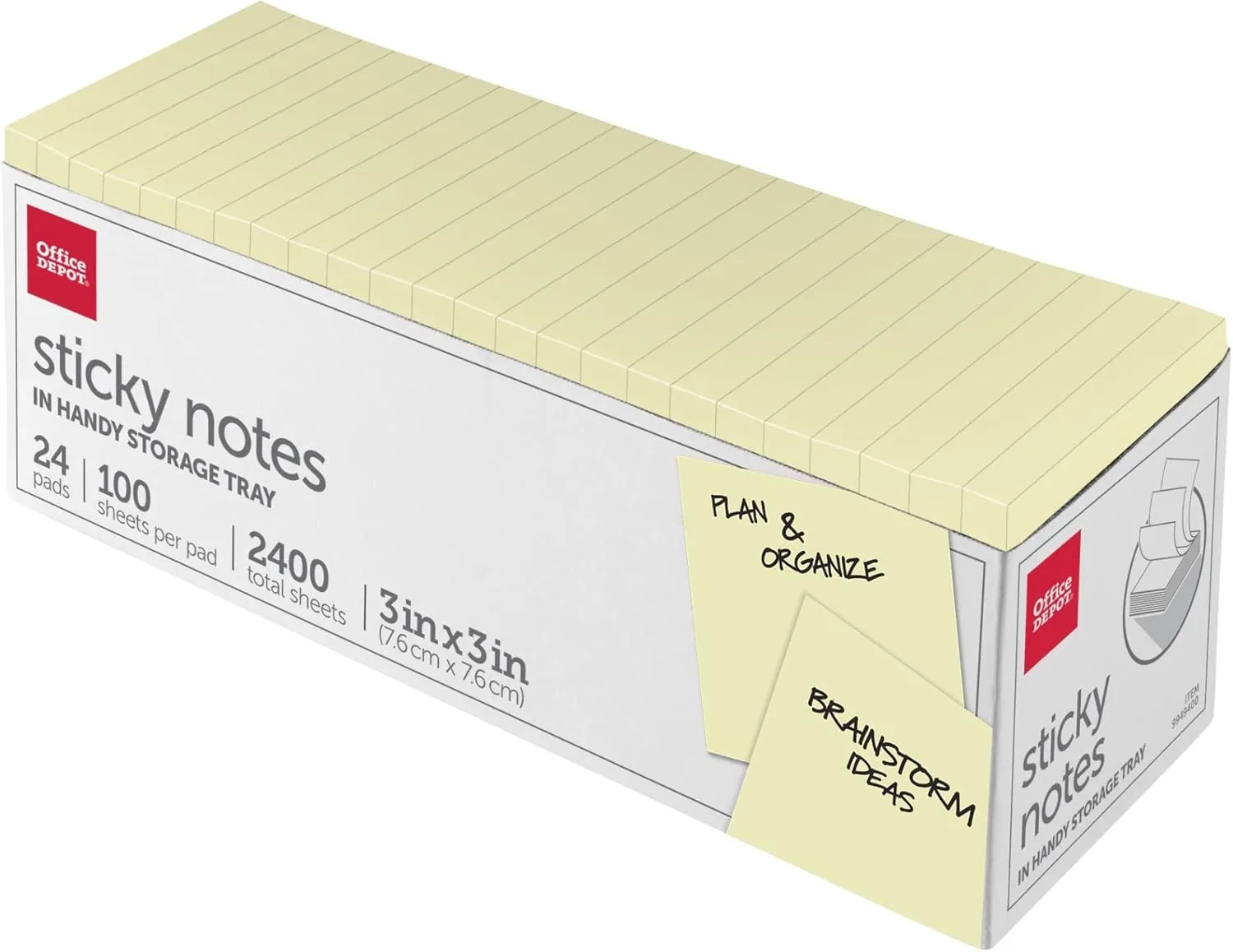 Office Depot® Brand Sticky Notes, With Storage Tray, 3" x 3", Yellow, 100 Sheets Per Pad, Pack Of 24 Pads