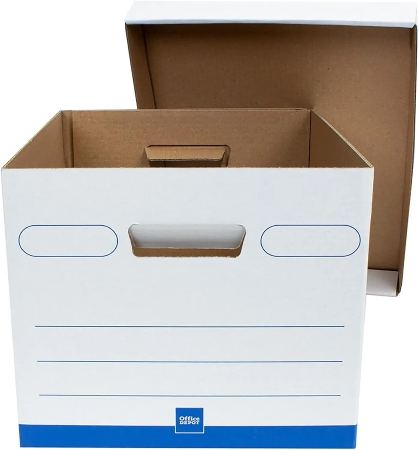 Office Depot® Brand Medium Quick Set Up Corrugated Medium-Duty Storage Boxes With Lift-Off Lids And Built-In Handles, Letter/Legal Size, 15" x 12" x 10", White/Blue, Pack Of 5