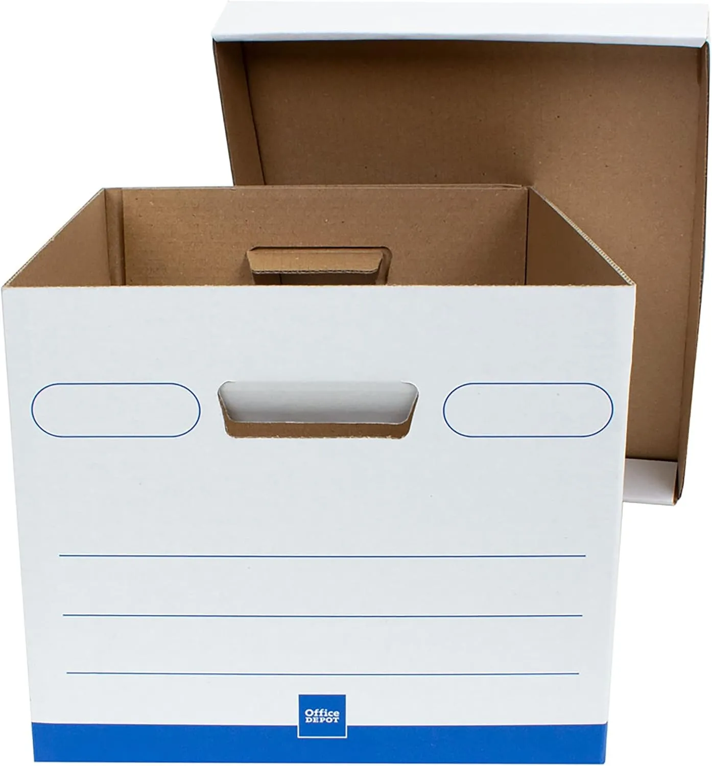 Office Depot® Brand Medium Quick Set Up Corrugated Medium-Duty Storage Boxes With Lift-Off Lids And Built-In Handles, Letter/Legal Size, 15" x 12" x 10", White/Blue, Pack Of 5