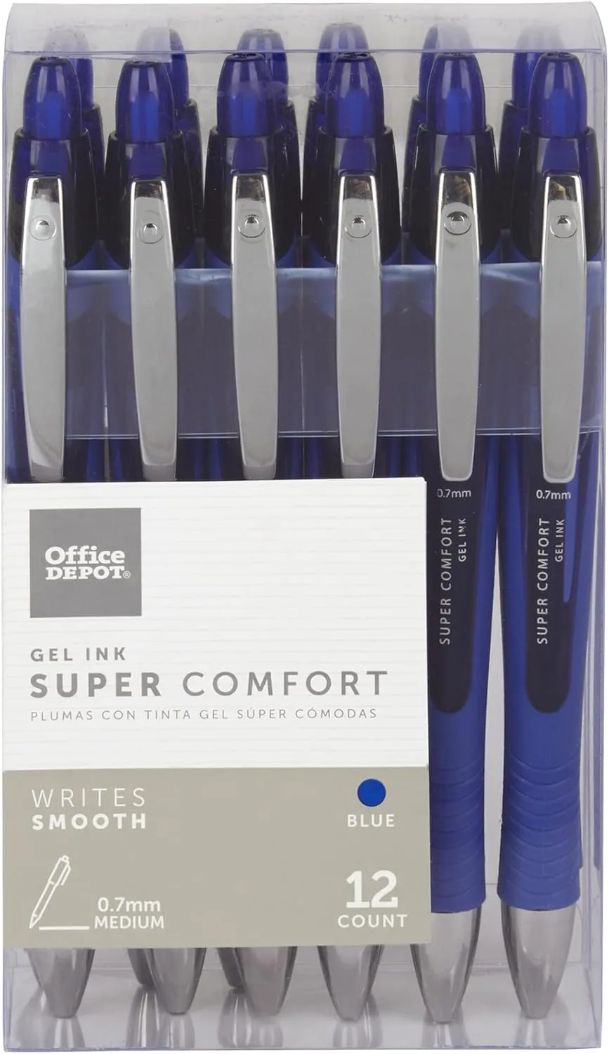 Office Depot Super Comfort Grip Retractable Gel Pens, Medium Point, 0.7 mm, Blue Barrel, Blue Ink, Pack Of 12