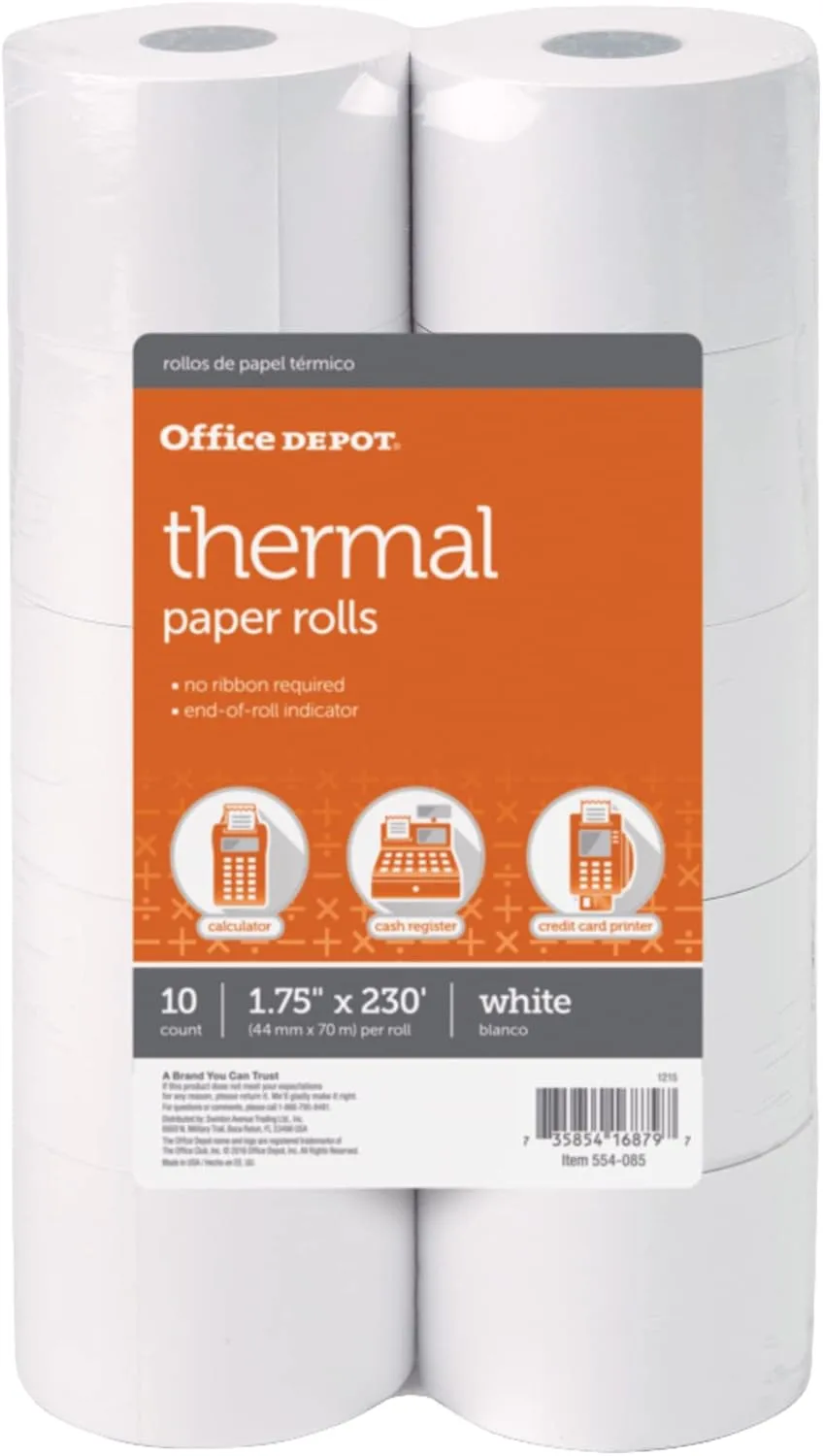 Office Depot Adding Machine Thermal Paper Rolls, 1 3/4in. x 230ft., White, Pack Of 10 Rolls, 554085