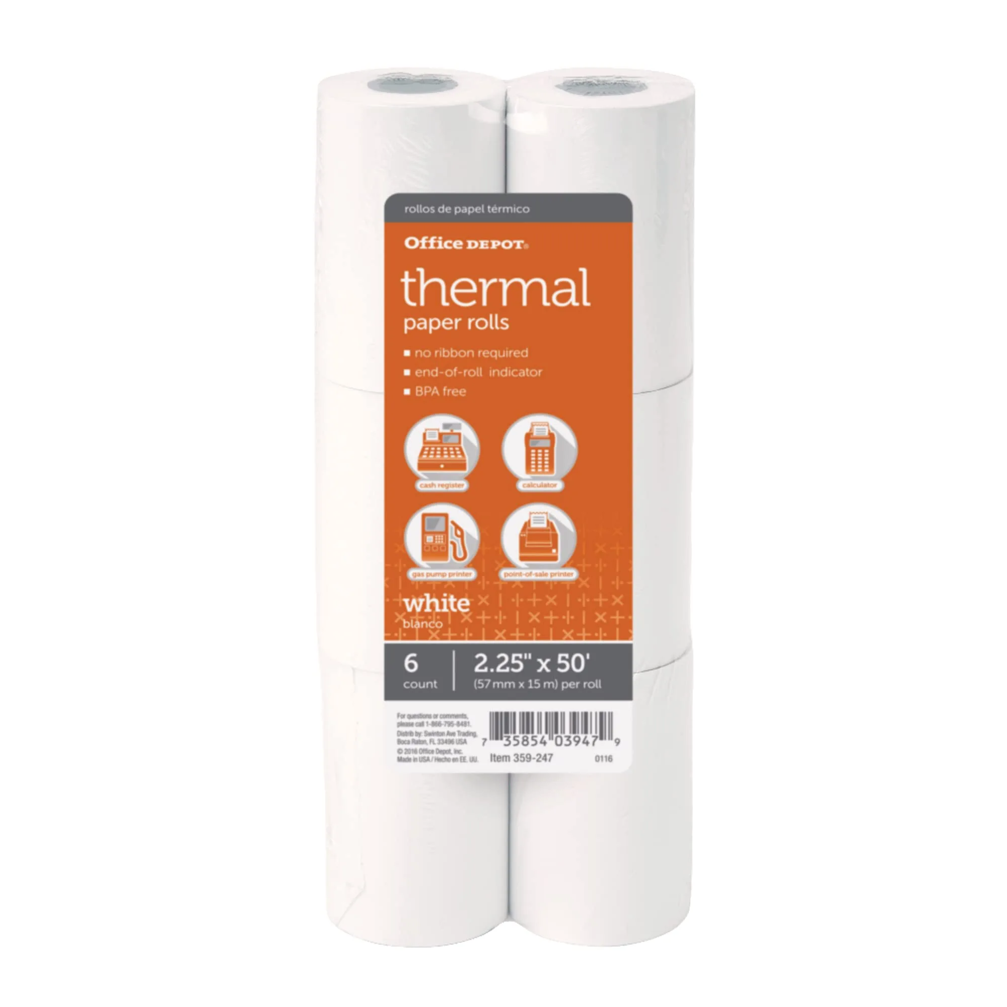 Office Depot Brand Thermal Paper Rolls, 2 1/4" x 50' White Pack of 6