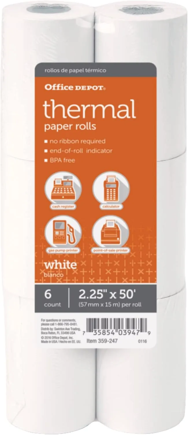 Office Depot Brand Thermal Paper Rolls, 2 1/4" x 50' White Pack of 6