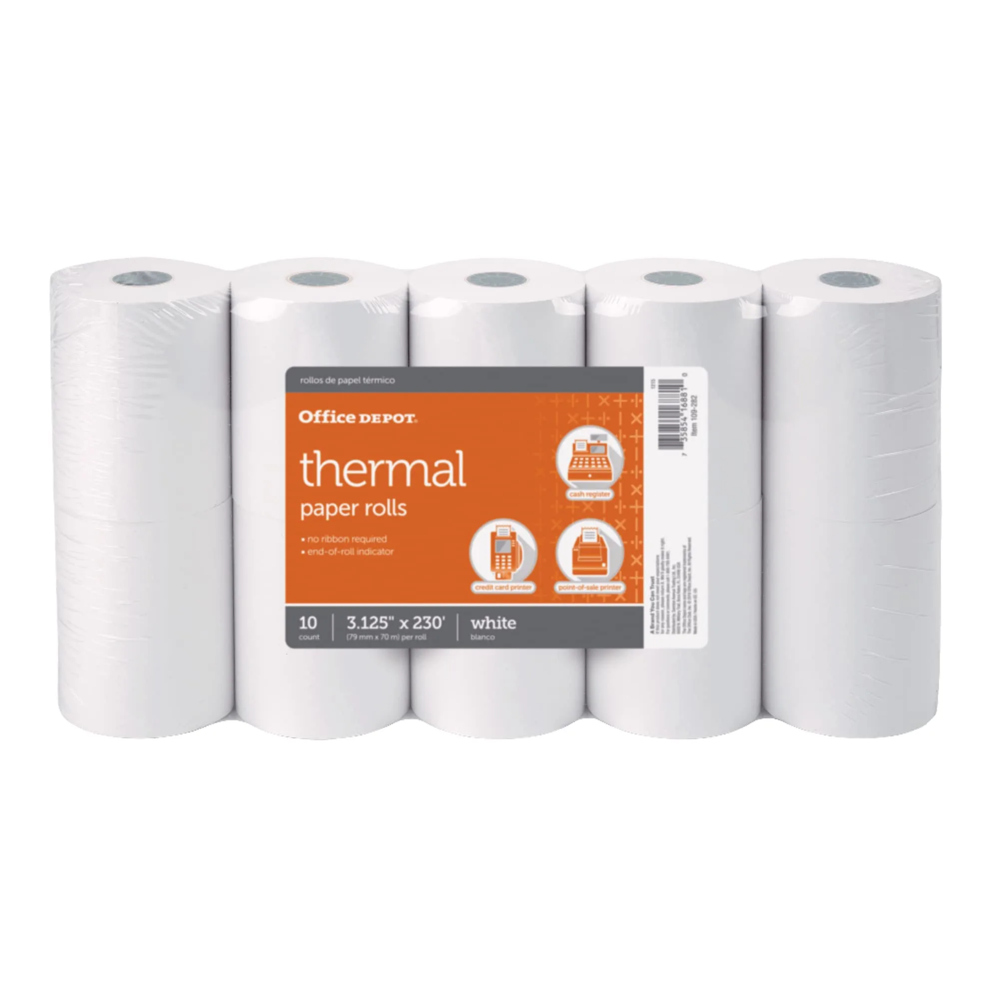 Office Depot Thermal Paper Rolls, 3-1/8 in x 230 ft, White, Pack of 10 (109282)