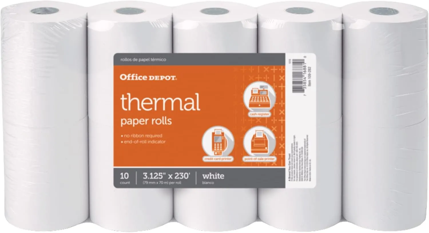 Office Depot Thermal Paper Rolls, 3-1/8 in x 230 ft, White, Pack of 10 (109282)