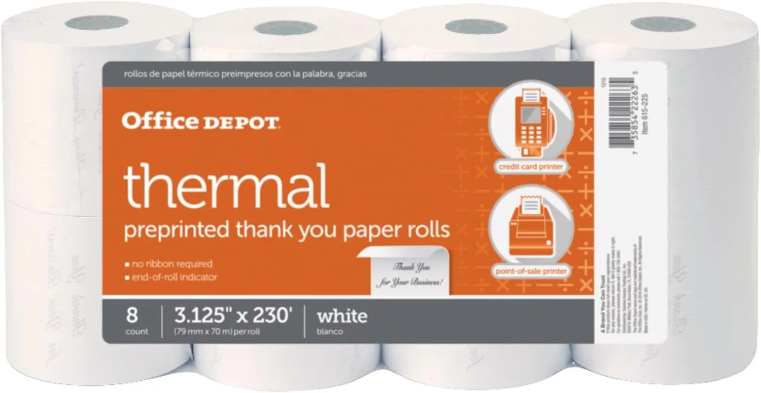 Office Depot Thermal Preprinted Paper Rolls, 3 1/8in. x 230ft., White, Pack Of 8, 615225