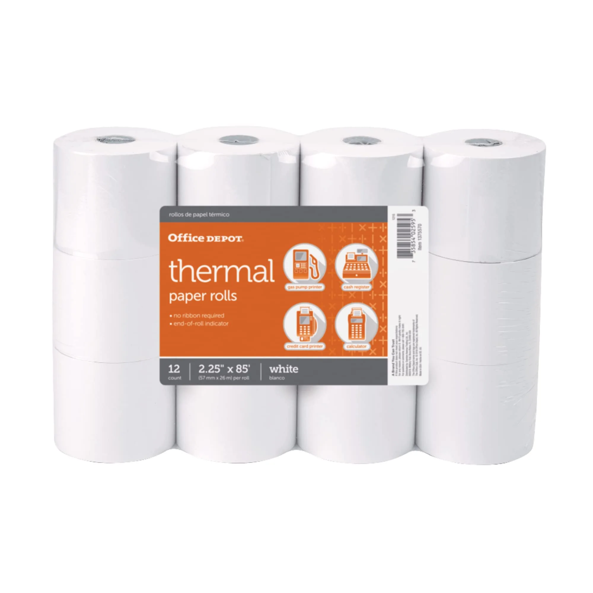 Office Depot Brand Thermal Paper Rolls, 2.25in x 85ft, White, Pack of 12