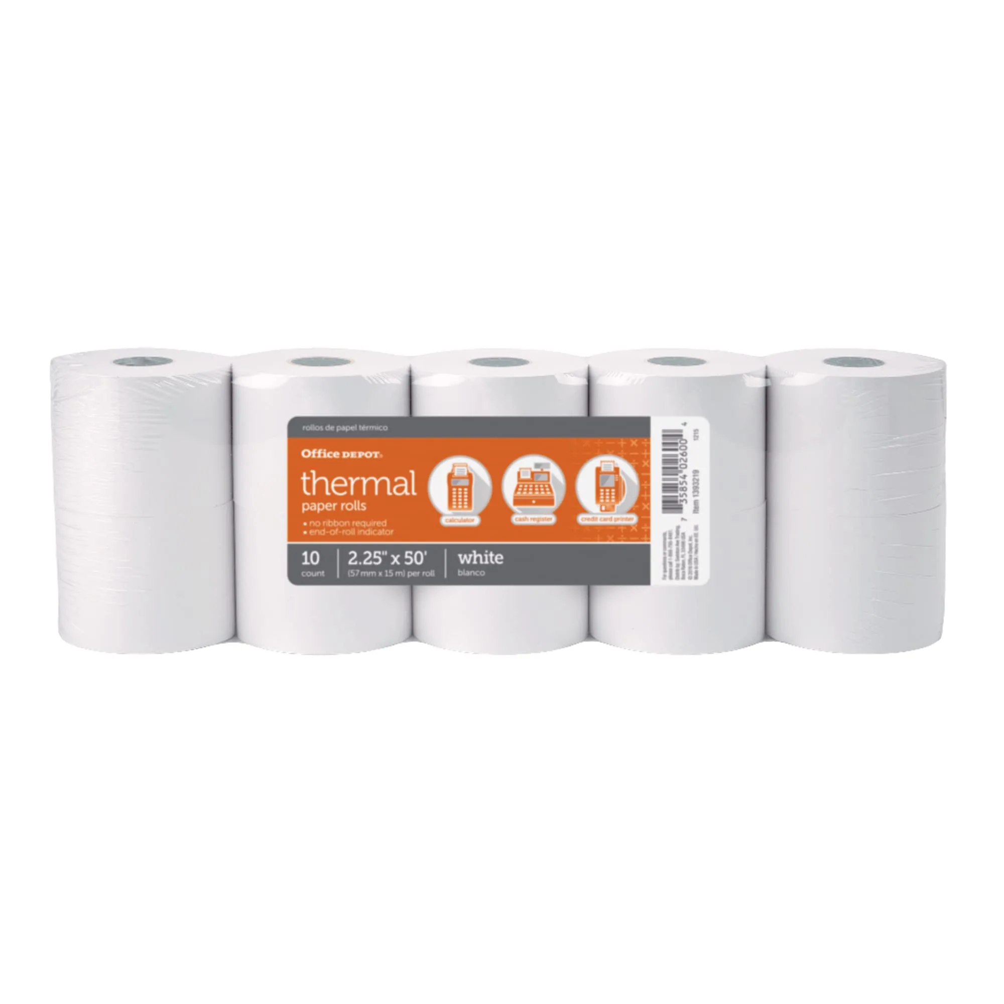 Office Depot Brand Thermal Paper Rolls, 2-1/4in x 50ft, White - Pack of 10