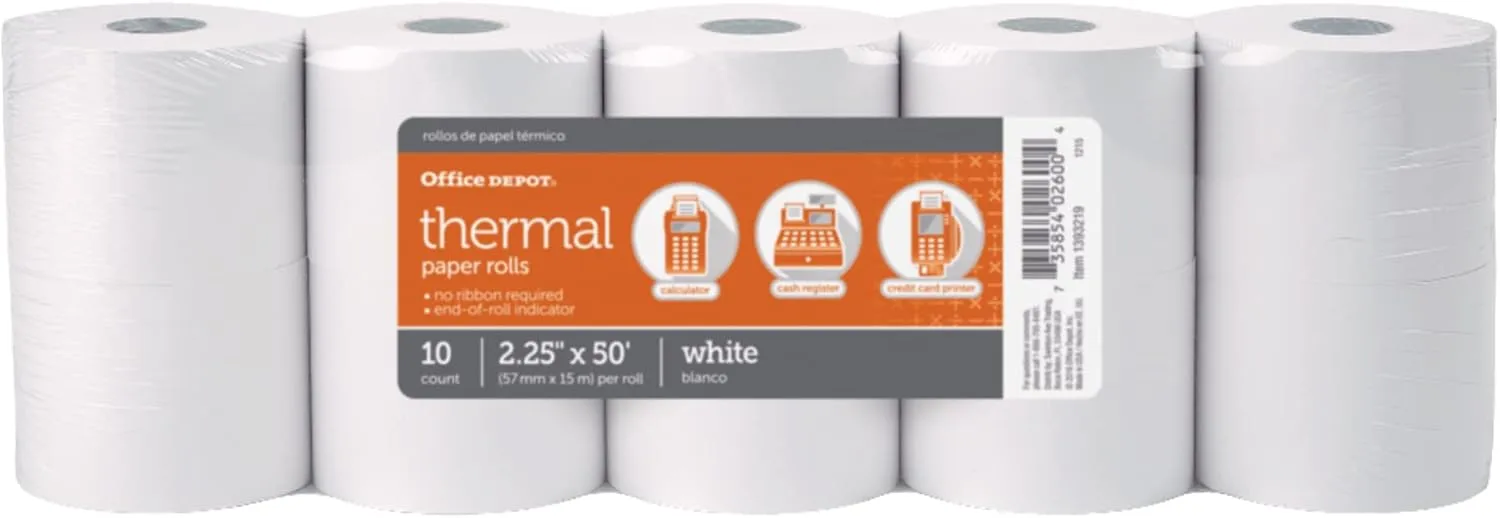 Office Depot Brand Thermal Paper Rolls, 2-1/4in x 50ft, White - Pack of 10