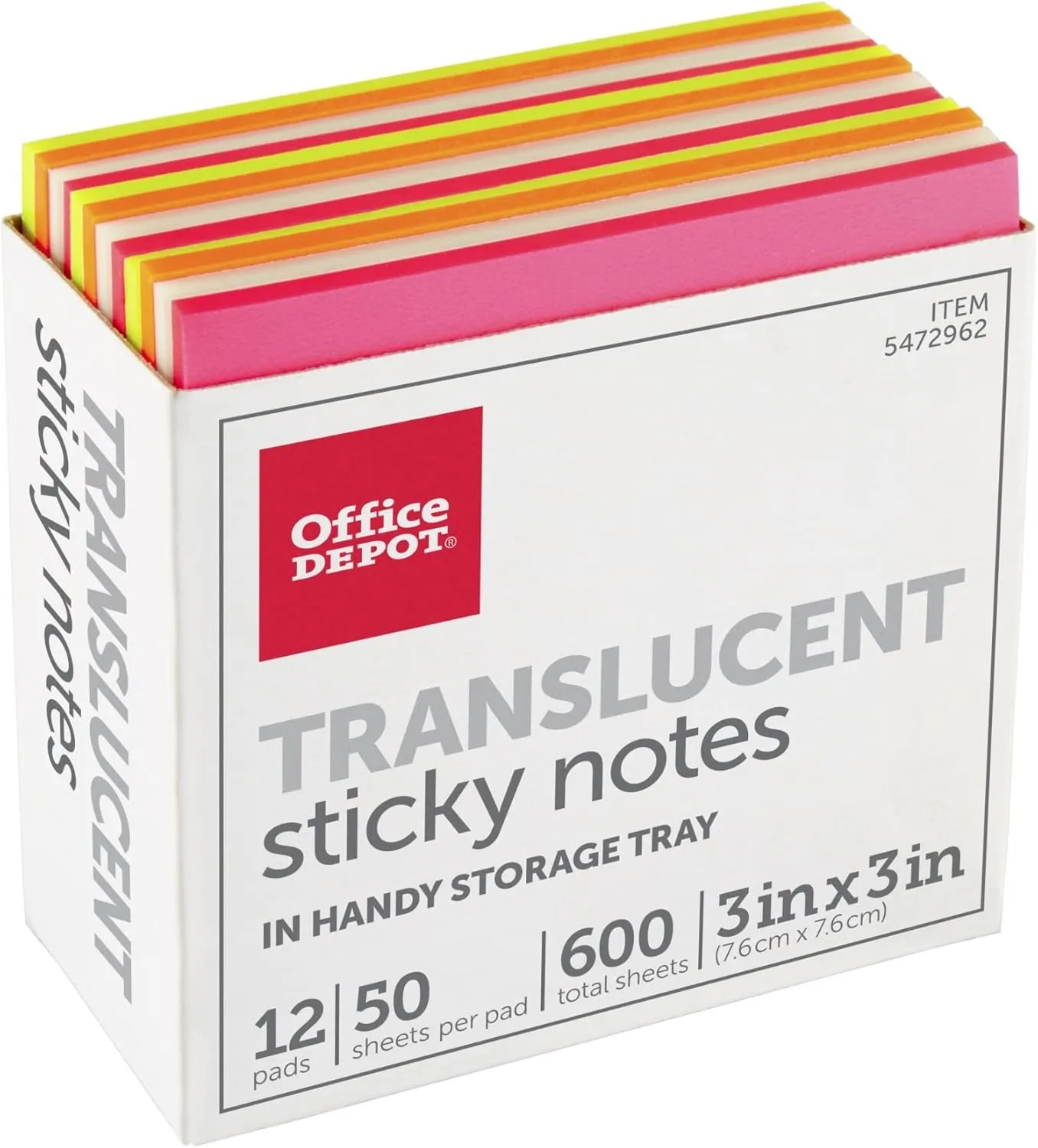 Office Depot® Brand Translucent Sticky Notes, With Storage Tray, 3" x 3", Assorted Colors, 50 Notes Per Pad, Pack Of 12