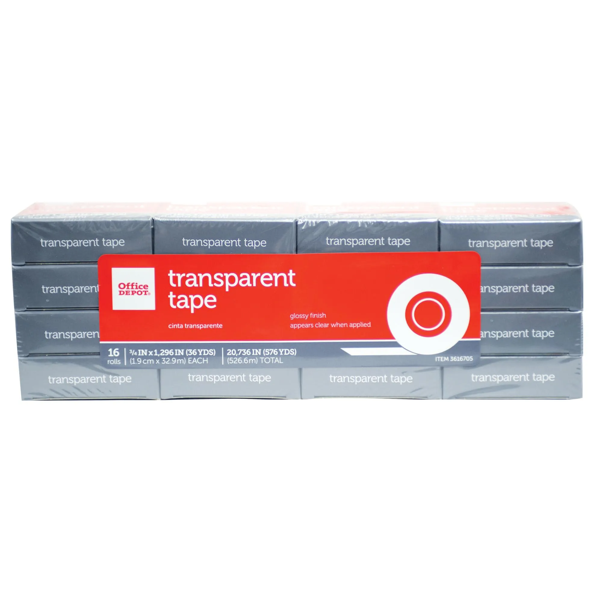Office Depot Brand Transparent Tape Refills, 3/4 in x 1,296, Clear, Pack of 16
